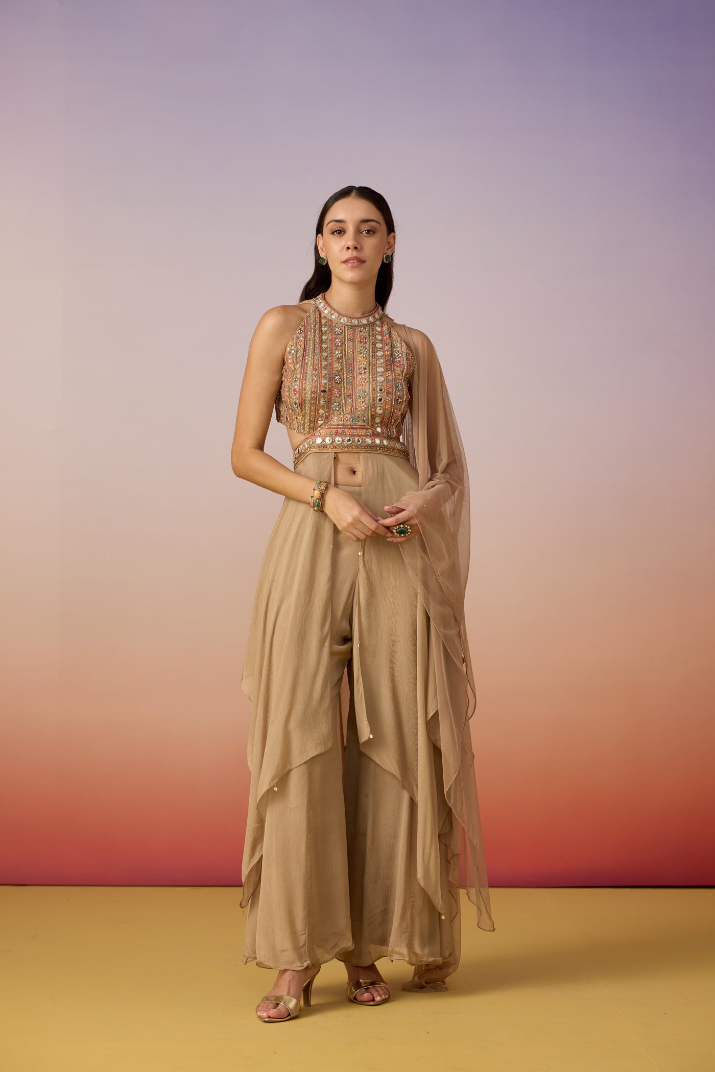 Deep Beige Embellished Chinon Silk Palazzo Set
