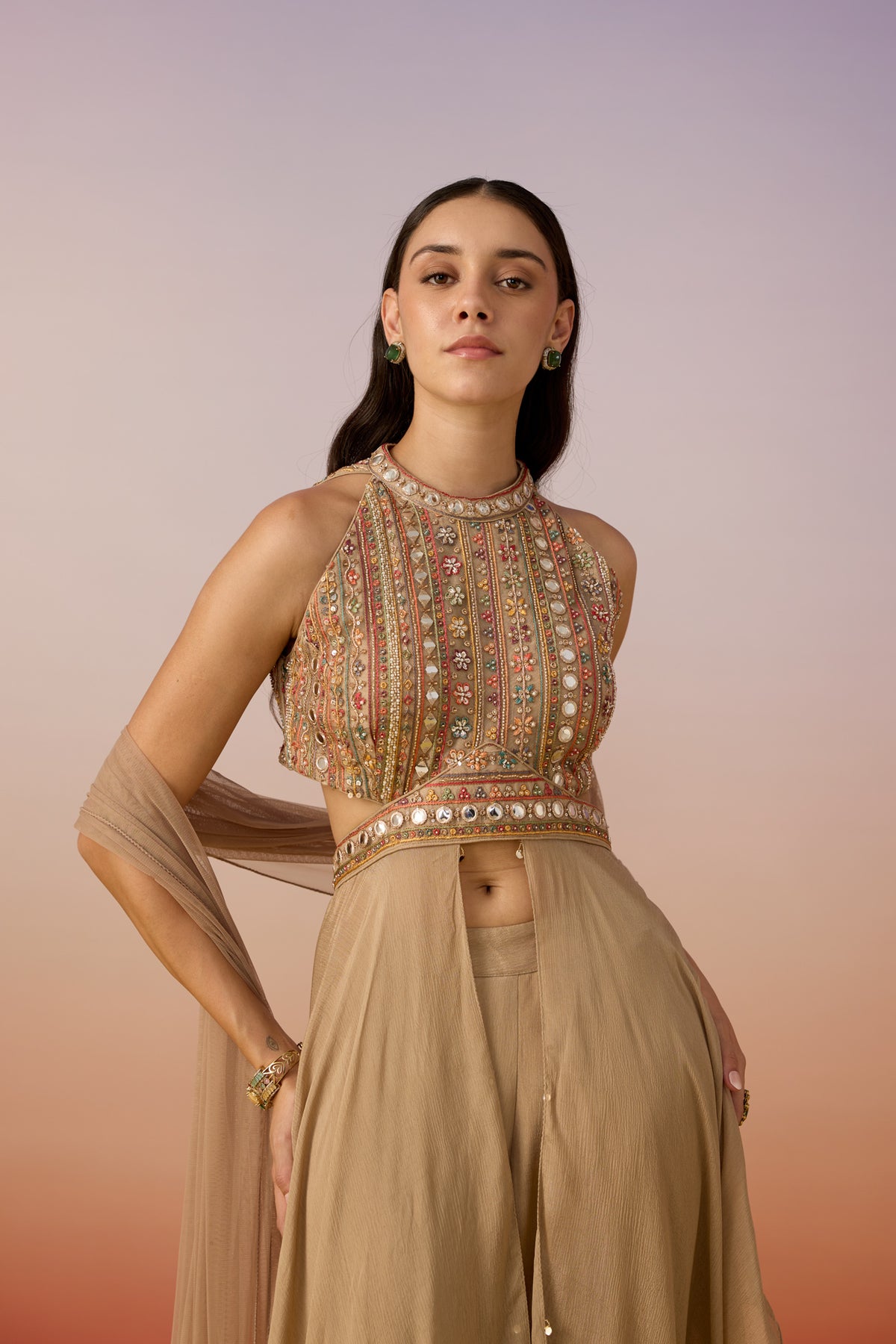 Deep Beige Embellished Chinon Silk Palazzo Set