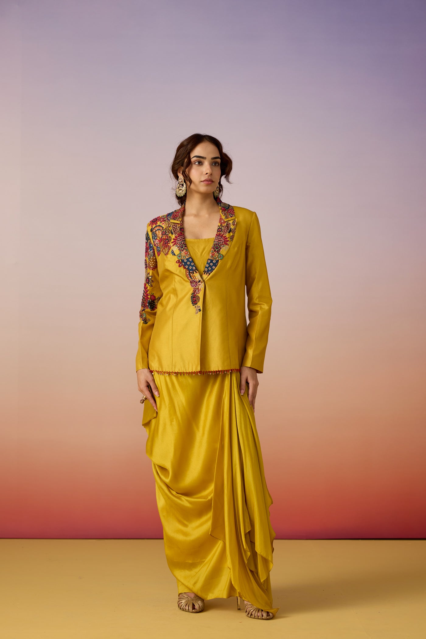 Amber Glow Embellished Premium Silk Jacket Skirt Set
