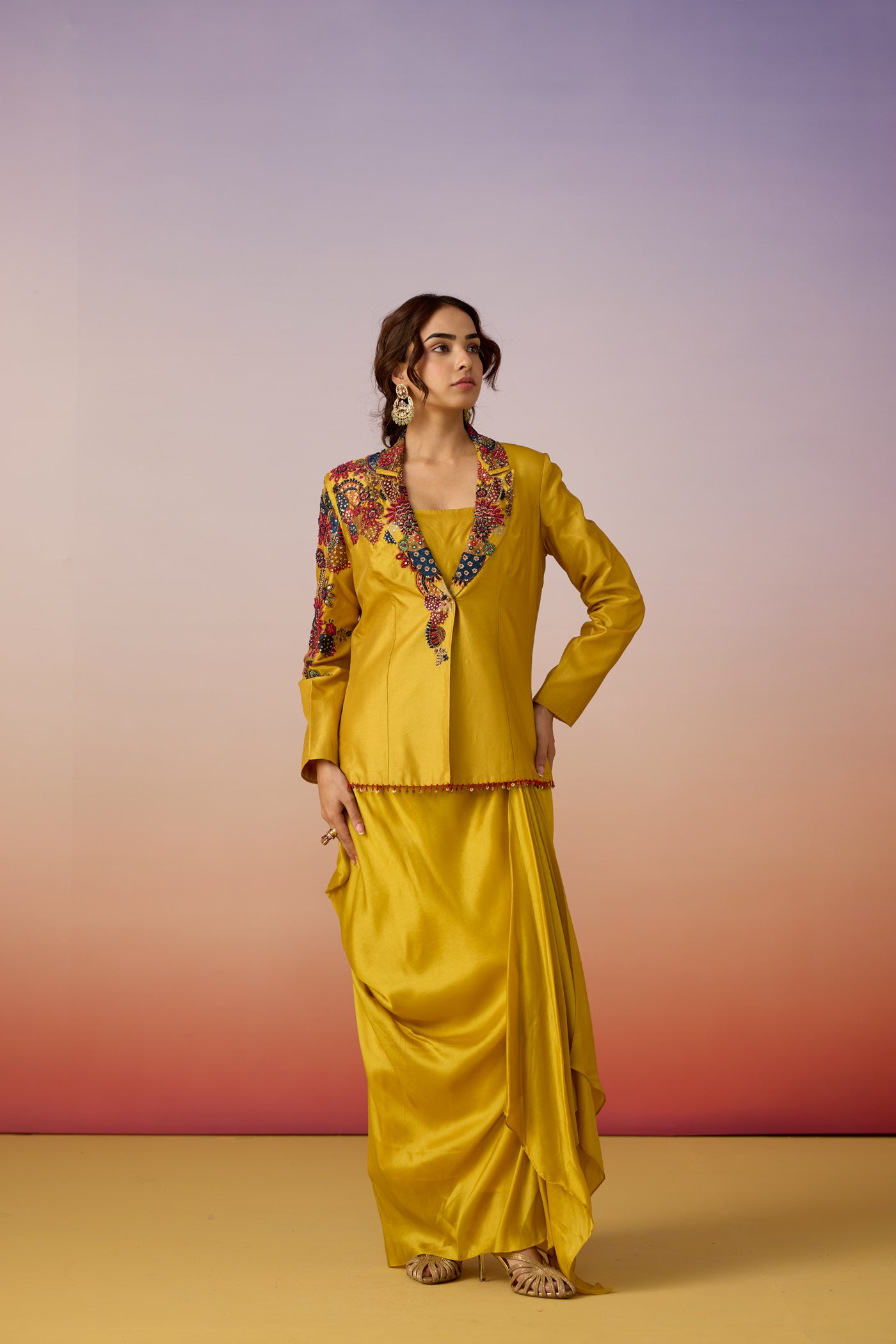 Amber Glow Embellished Premium Silk Jacket Skirt Set