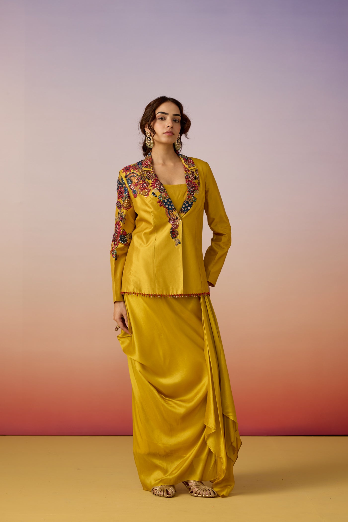 Amber Glow Embellished Premium Silk Jacket Skirt Set