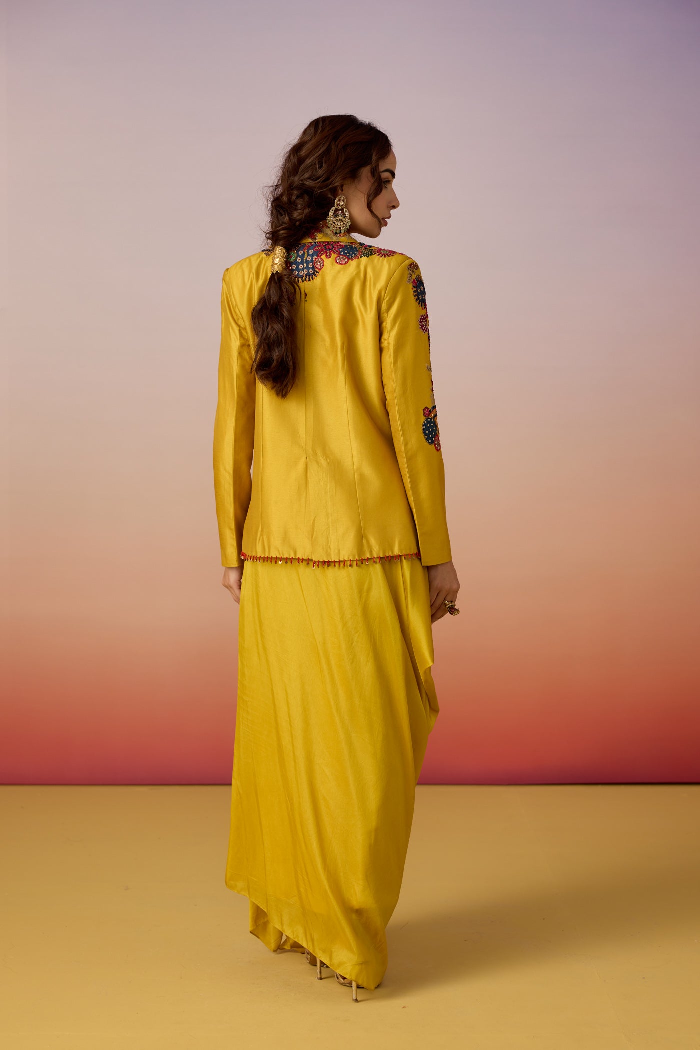 Amber Glow Embellished Premium Silk Jacket Skirt Set