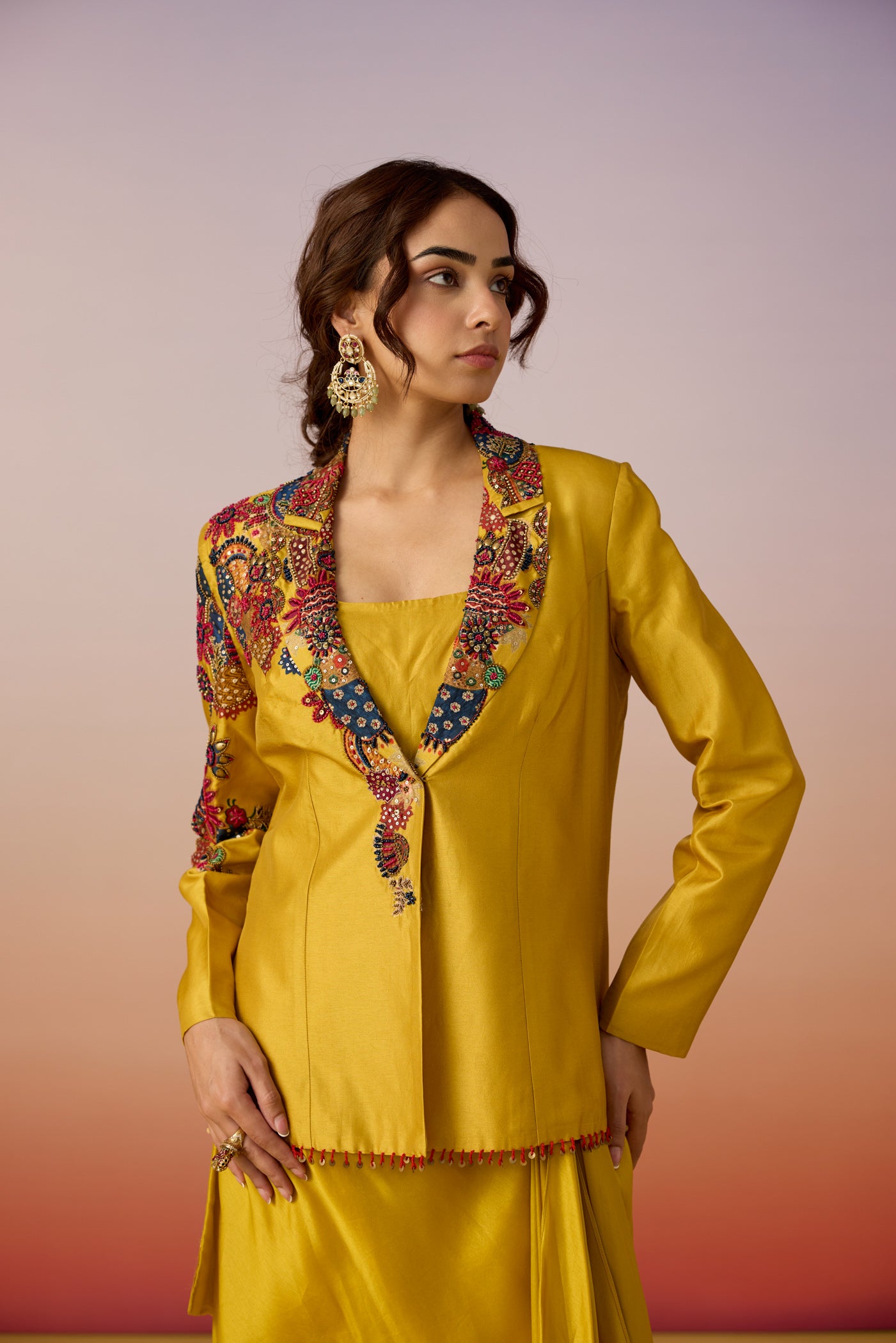 Amber Glow Embellished Premium Silk Jacket Skirt Set