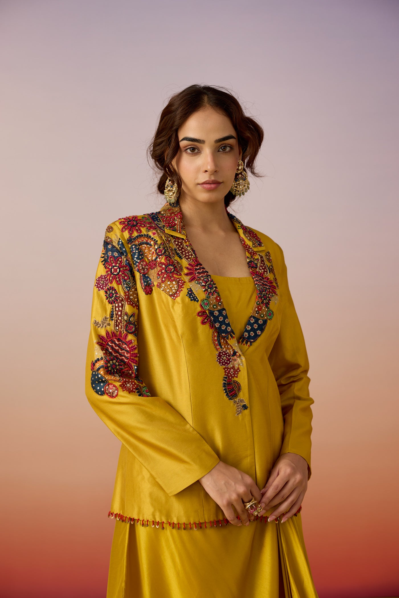 Amber Glow Embellished Premium Silk Jacket Skirt Set