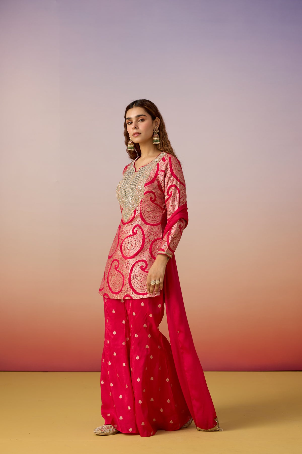 Mulberry Pink Embellished  Brocade Silk Palazzo Set