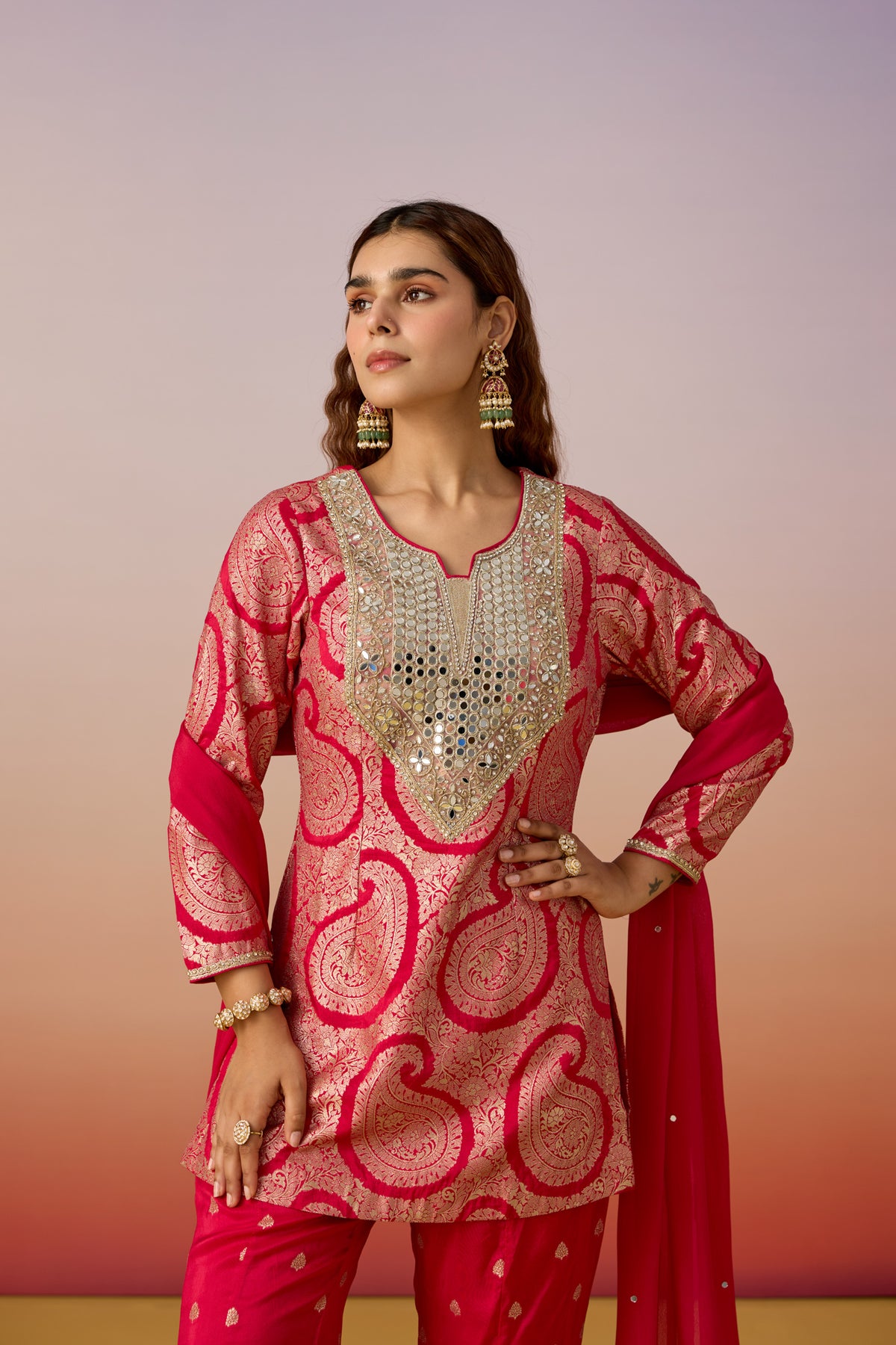 Mulberry Pink Embellished  Brocade Silk Palazzo Set