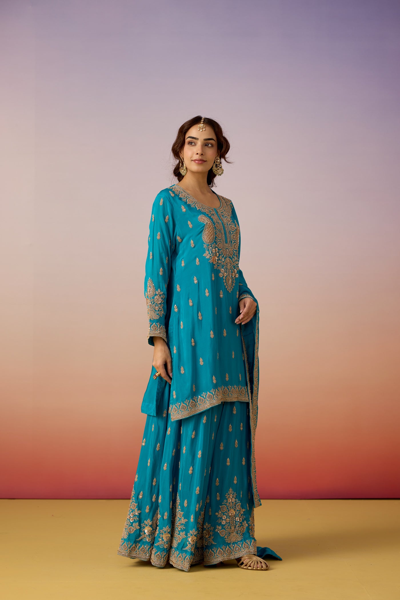 Turquoise Blue Embellished Chinon Silk Sharara Set