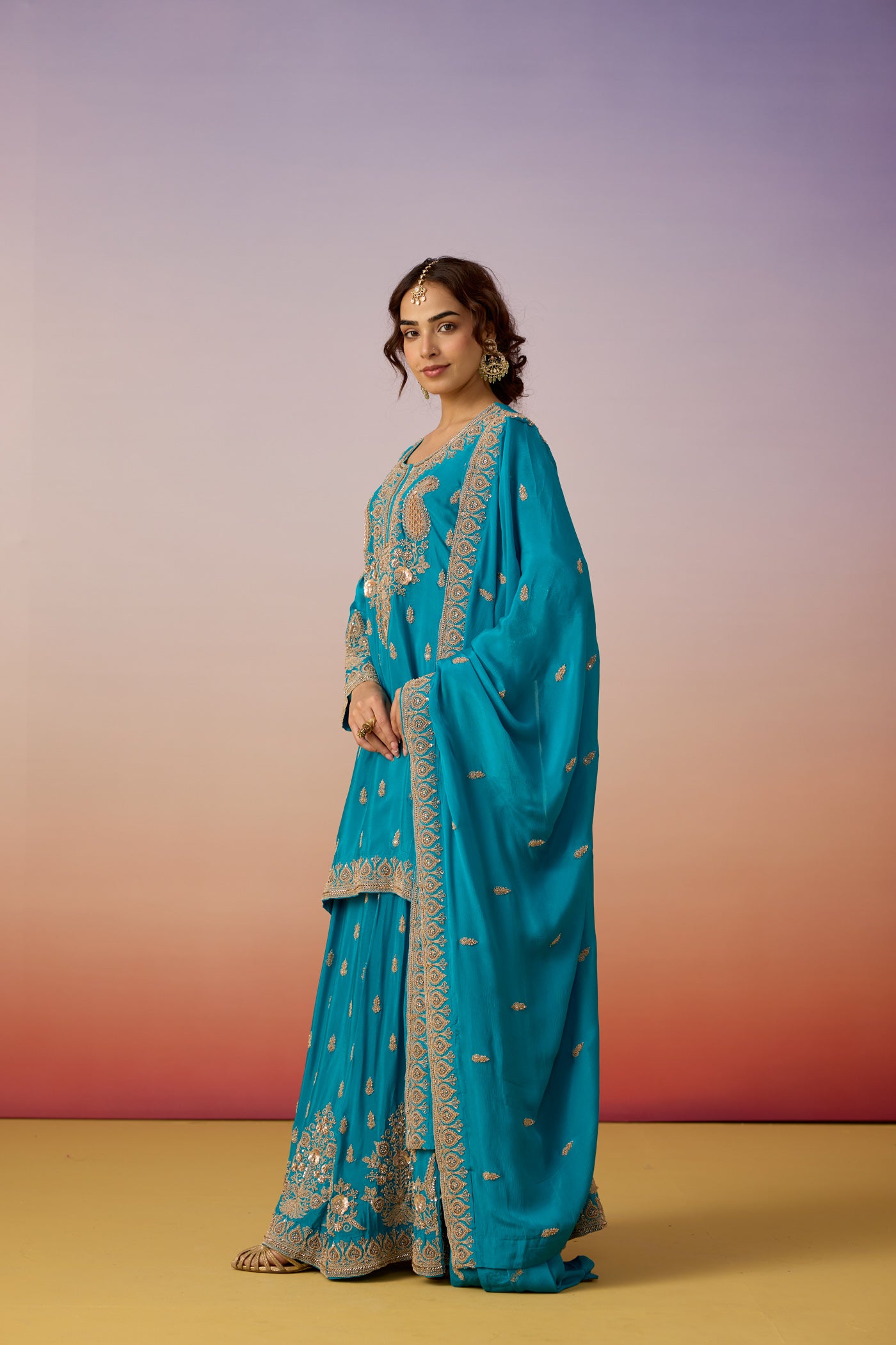 Turquoise Blue Embellished Chinon Silk Sharara Set