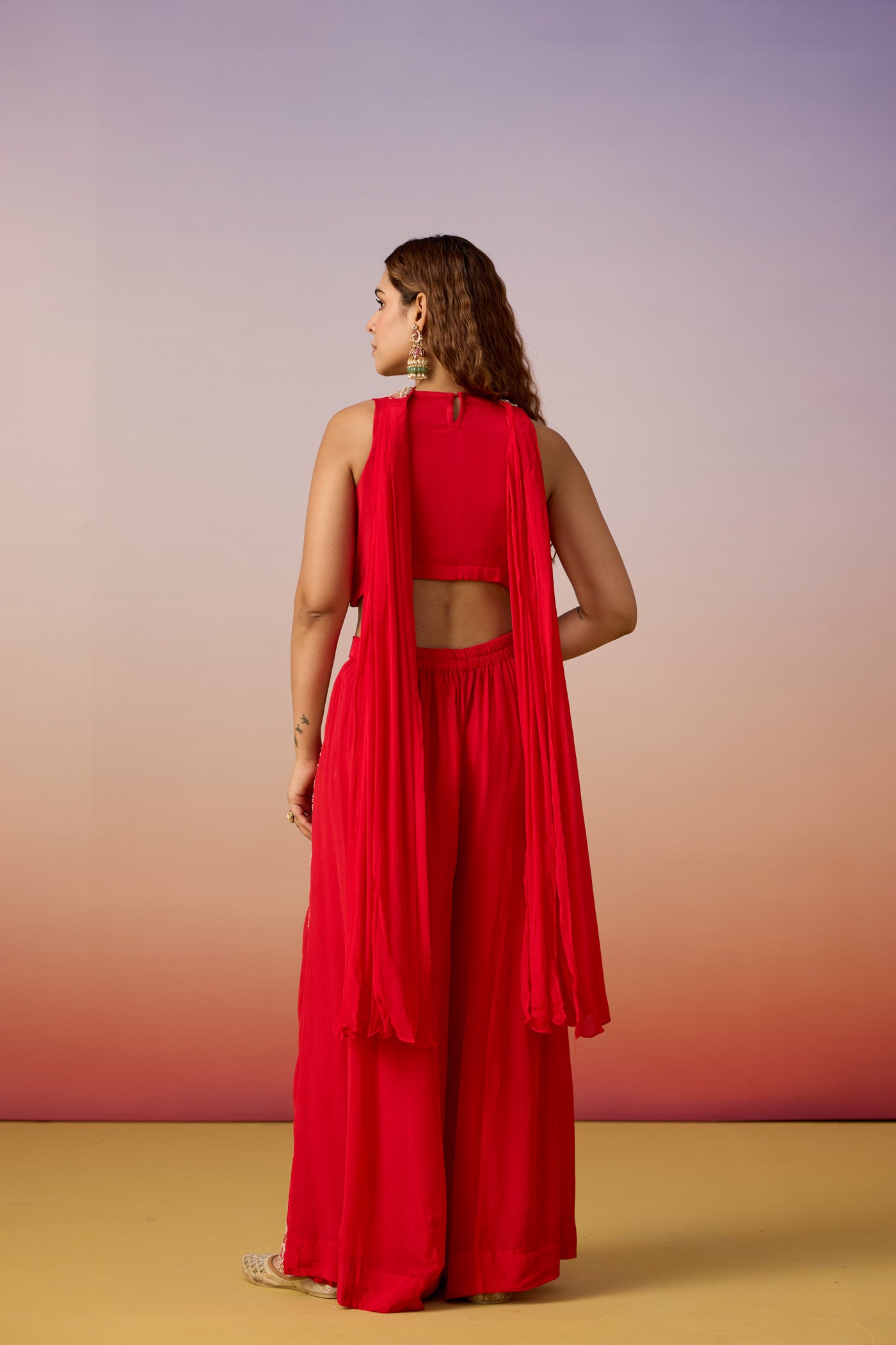 Crimson Red Embellished Crepe Silk Palazzo Set