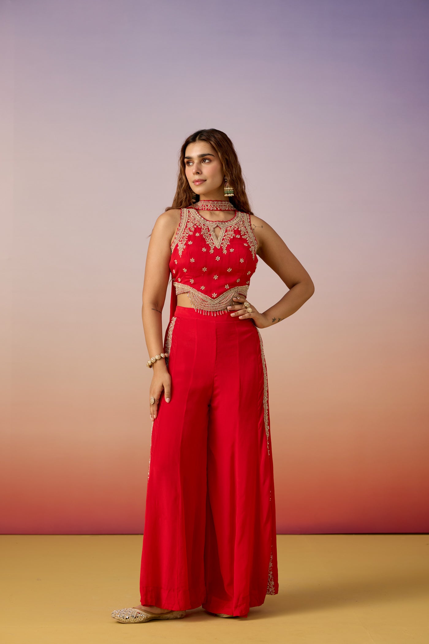 Crimson Red Embellished Crepe Silk Palazzo Set