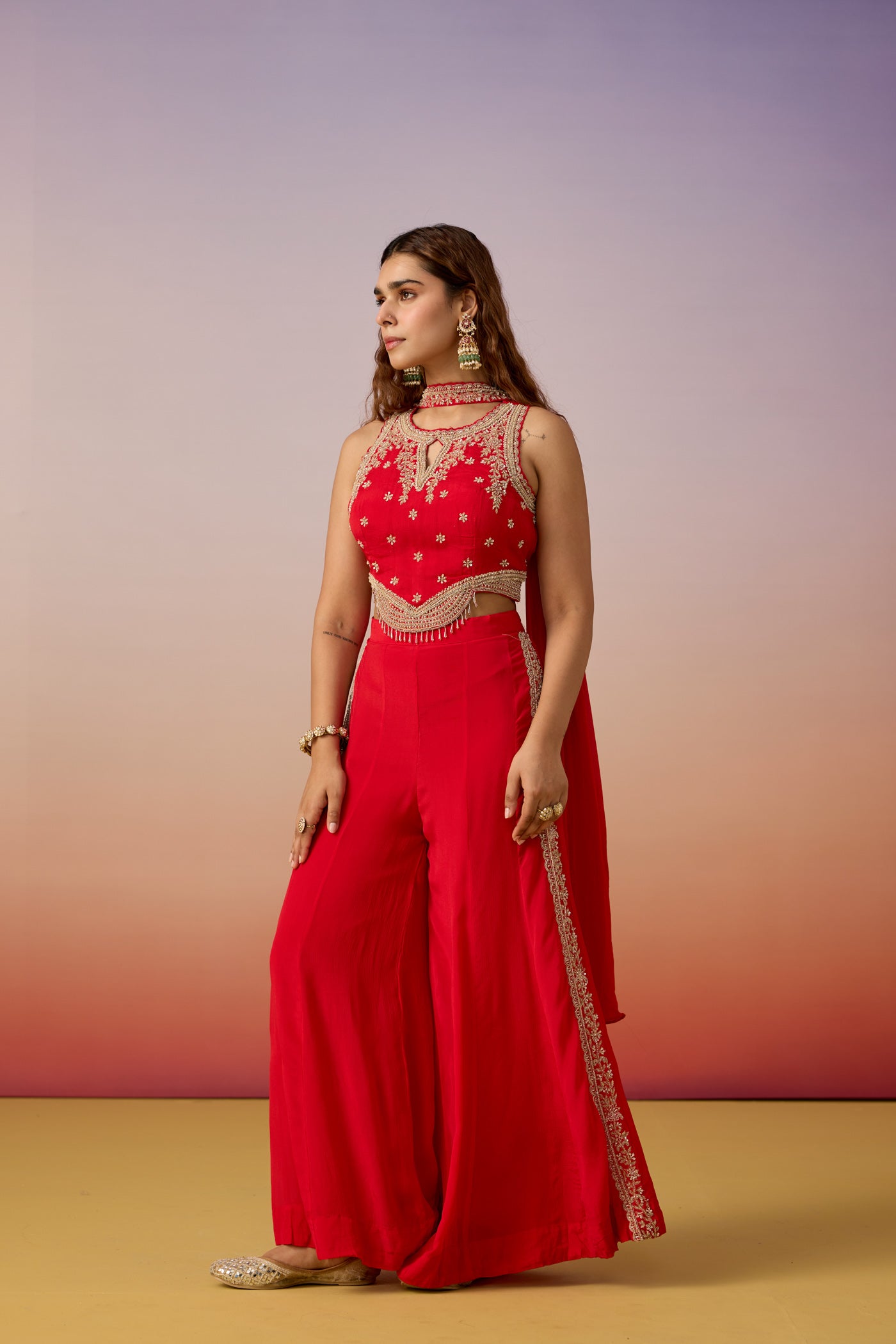 Crimson Red Embellished Crepe Silk Palazzo Set