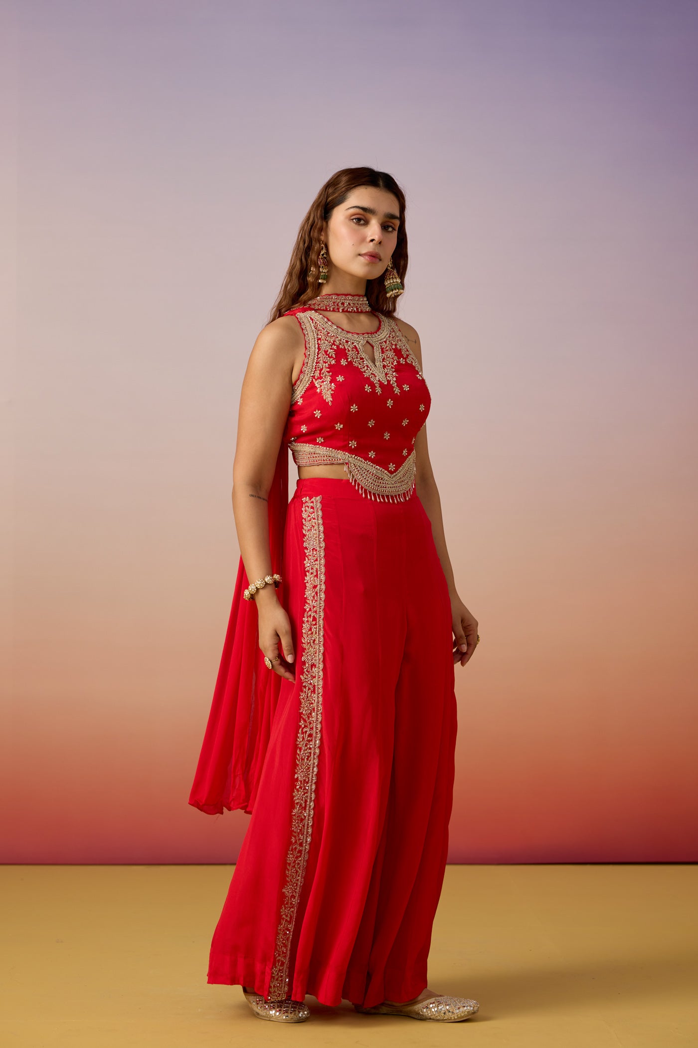 Crimson Red Embellished Crepe Silk Palazzo Set
