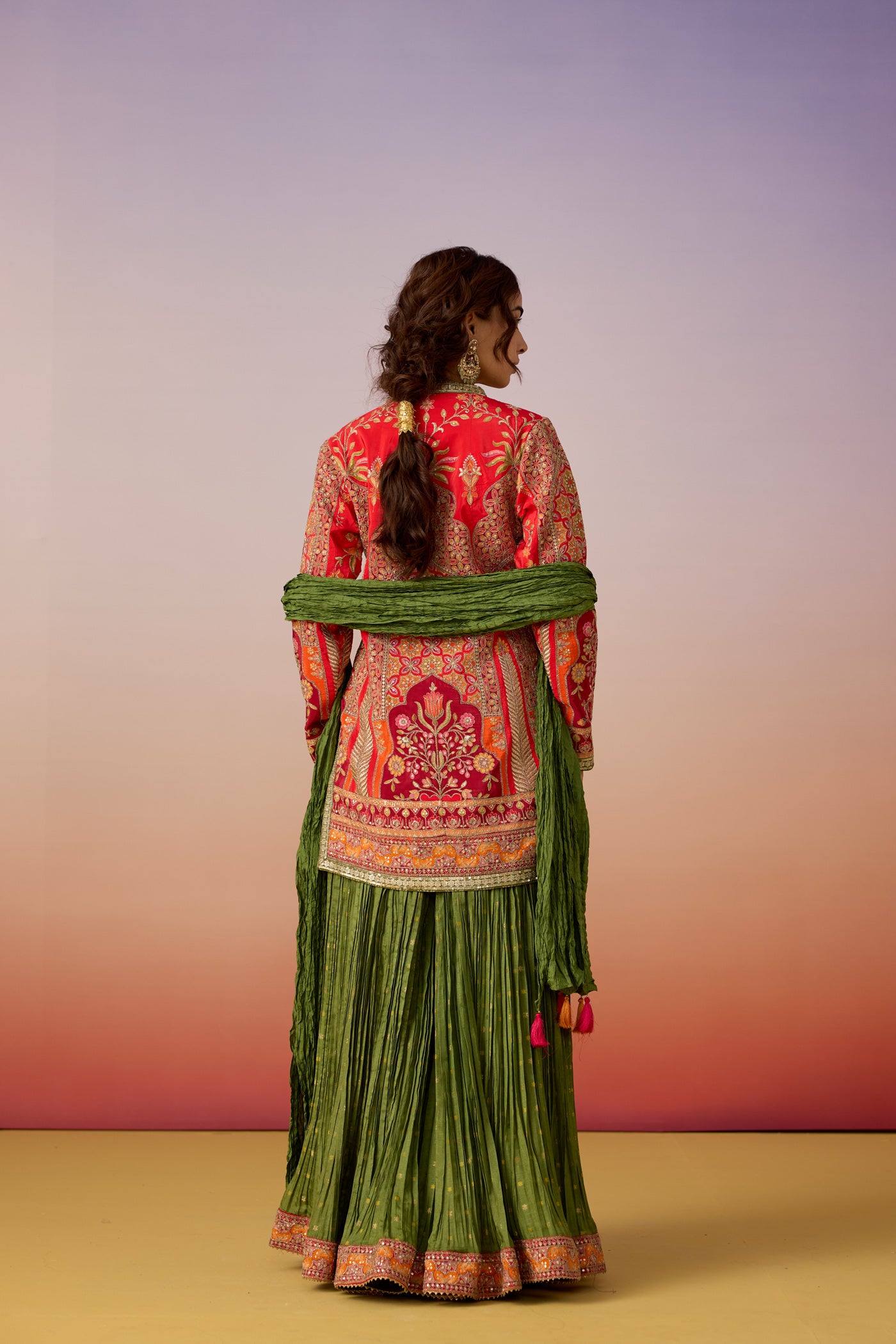 Coral Celadon Embellished Premium Silk Sharara Set