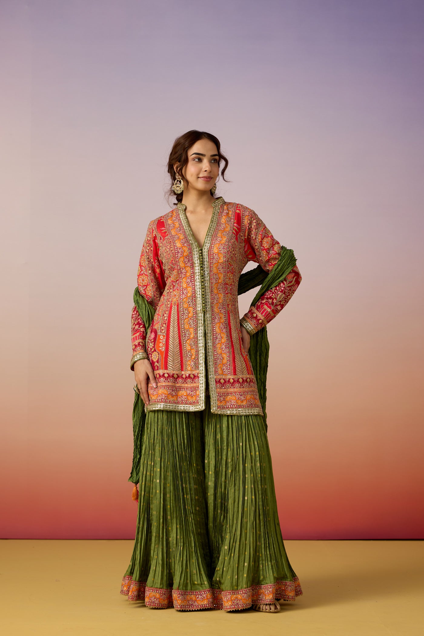 Coral Celadon Embellished Premium Silk Sharara Set