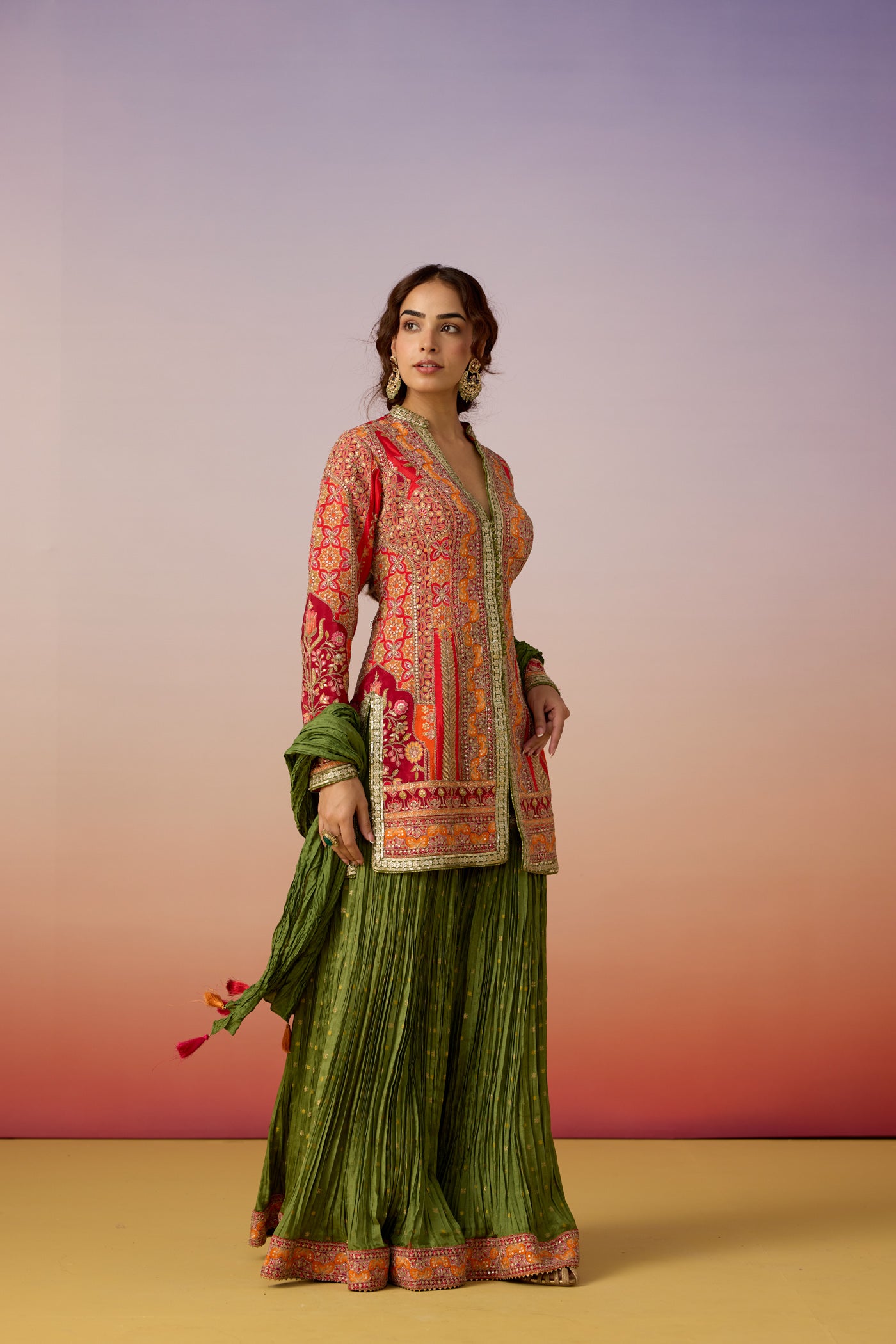 Coral Celadon Embellished Premium Silk Sharara Set