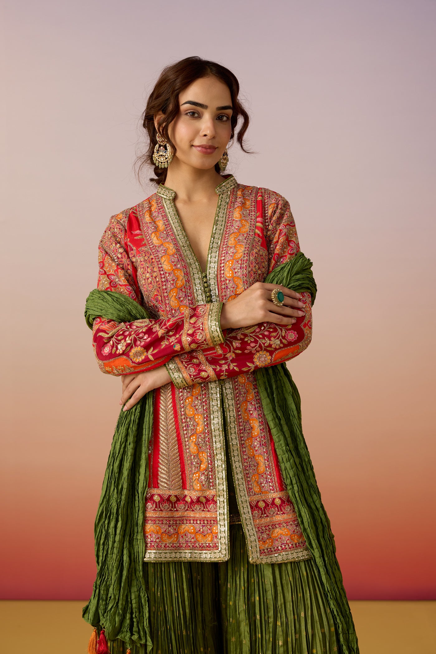 Coral Celadon Embellished Premium Silk Sharara Set