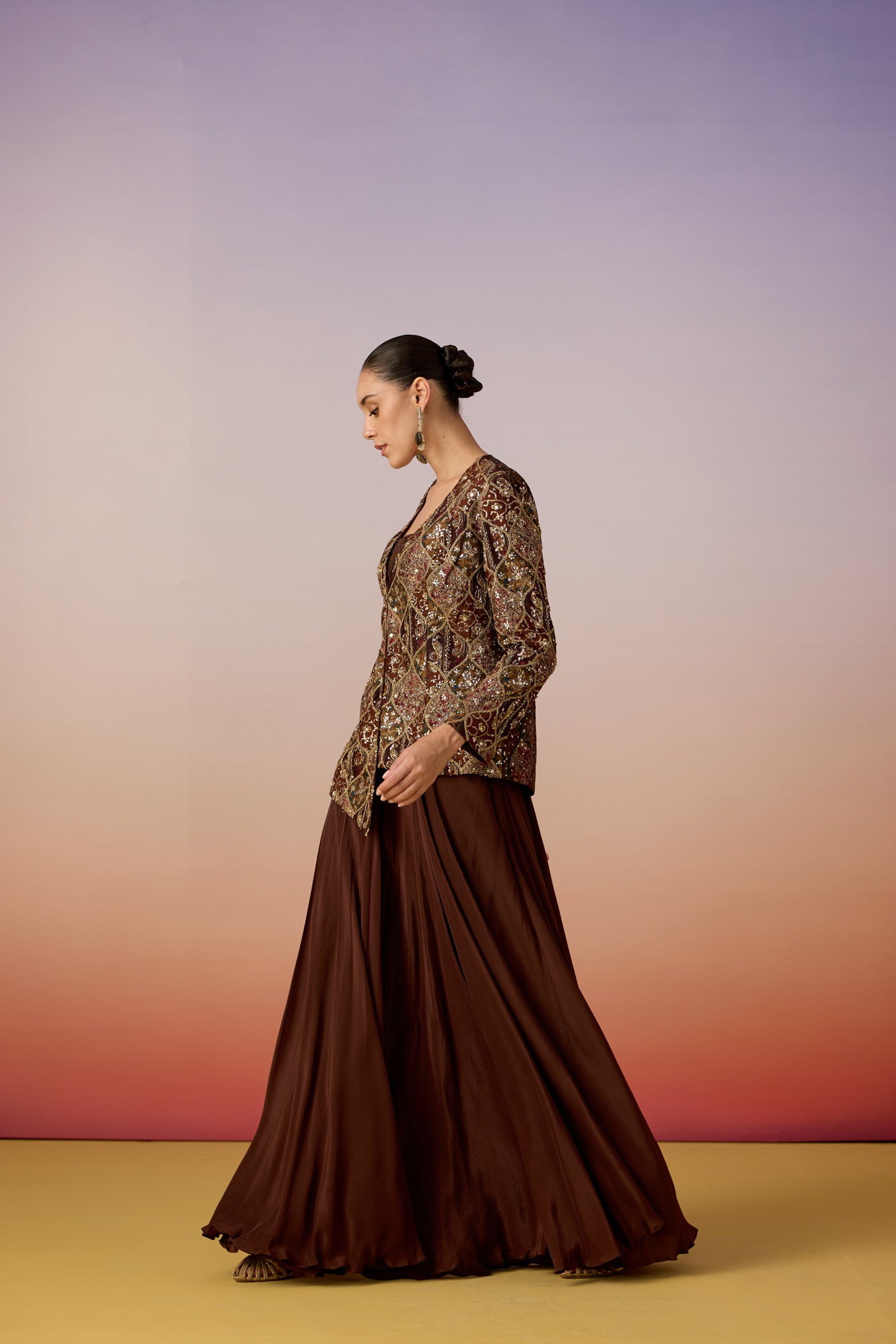 Chocolate Brown Embellished Chinon Silk Palazzo Set