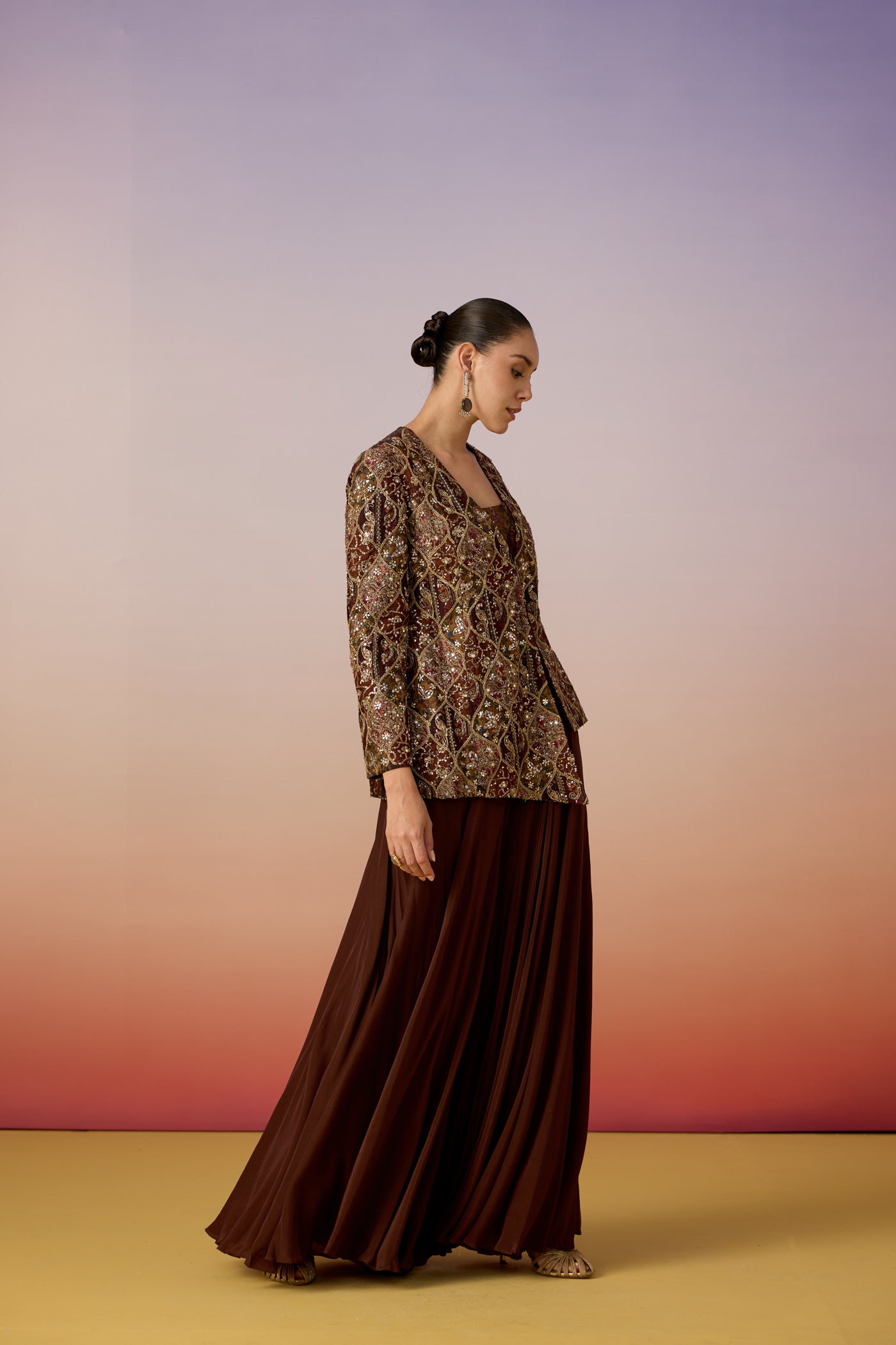 Chocolate Brown Embellished Chinon Silk Palazzo Set