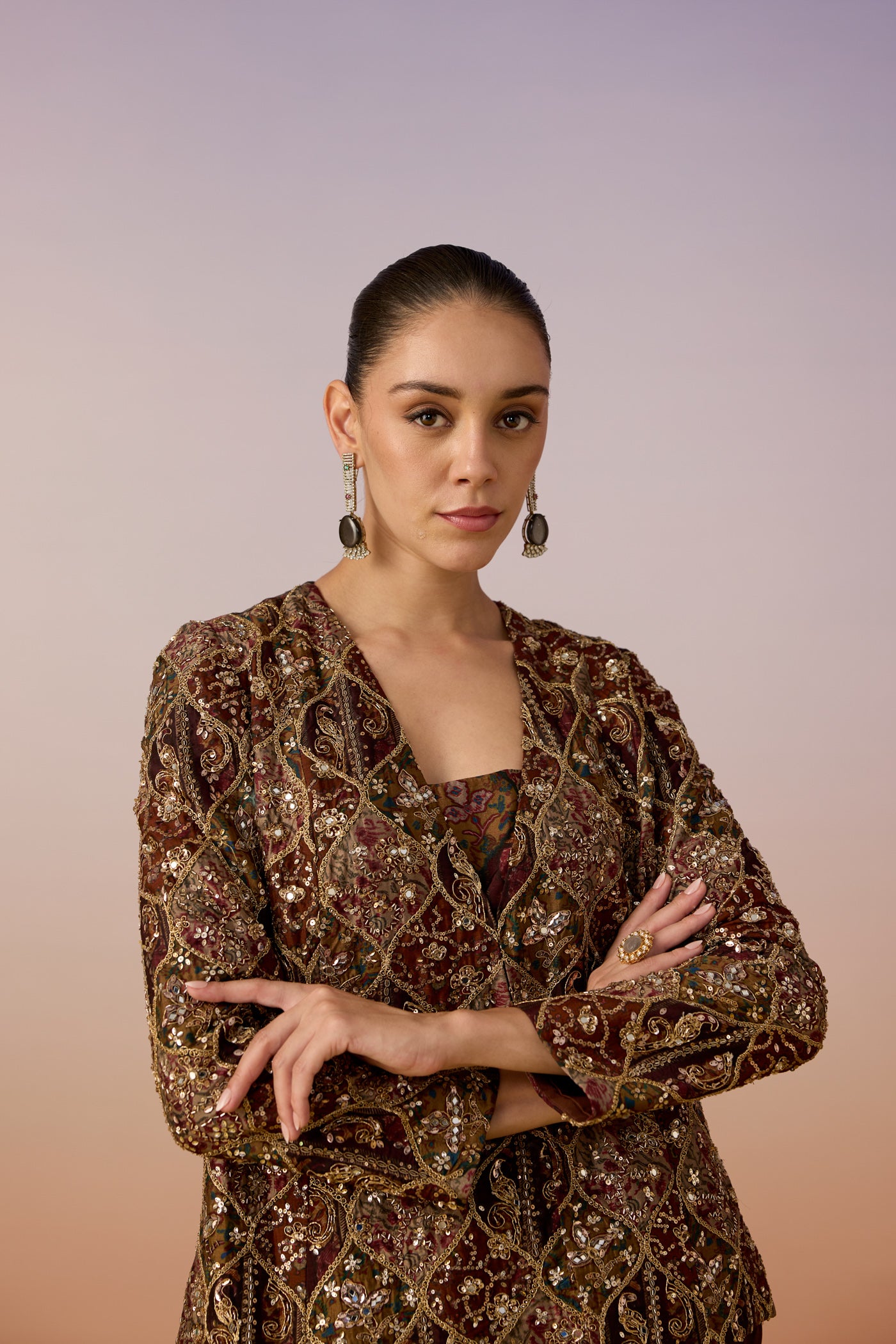 Chocolate Brown Embellished Chinon Silk Palazzo Set
