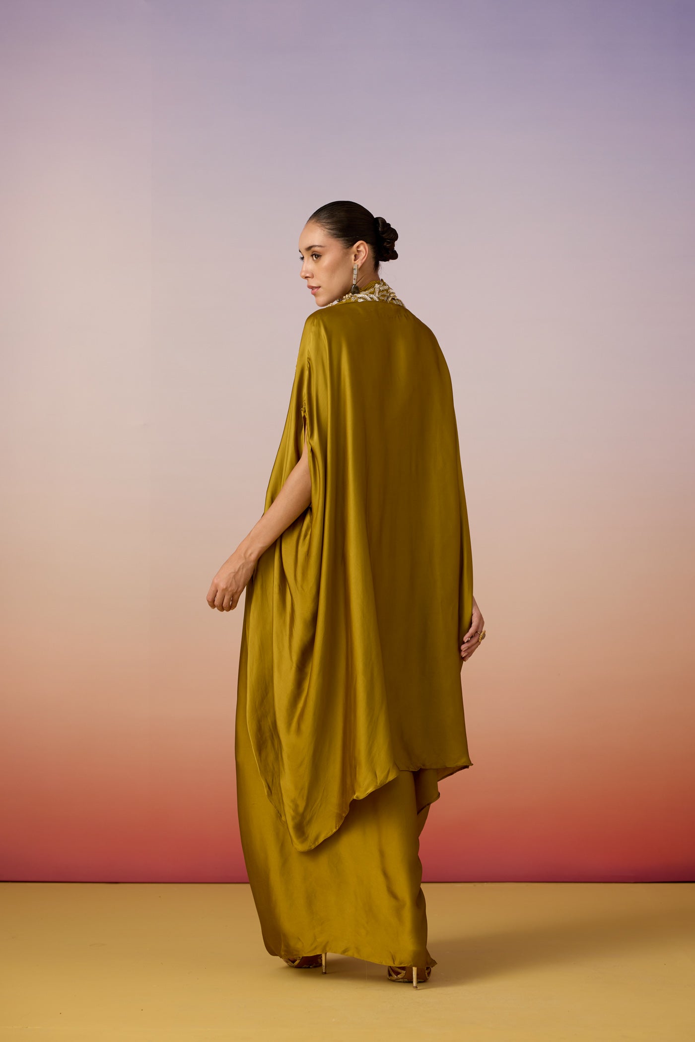 Olive Green Embellished Crepe Silk Kaftan Set