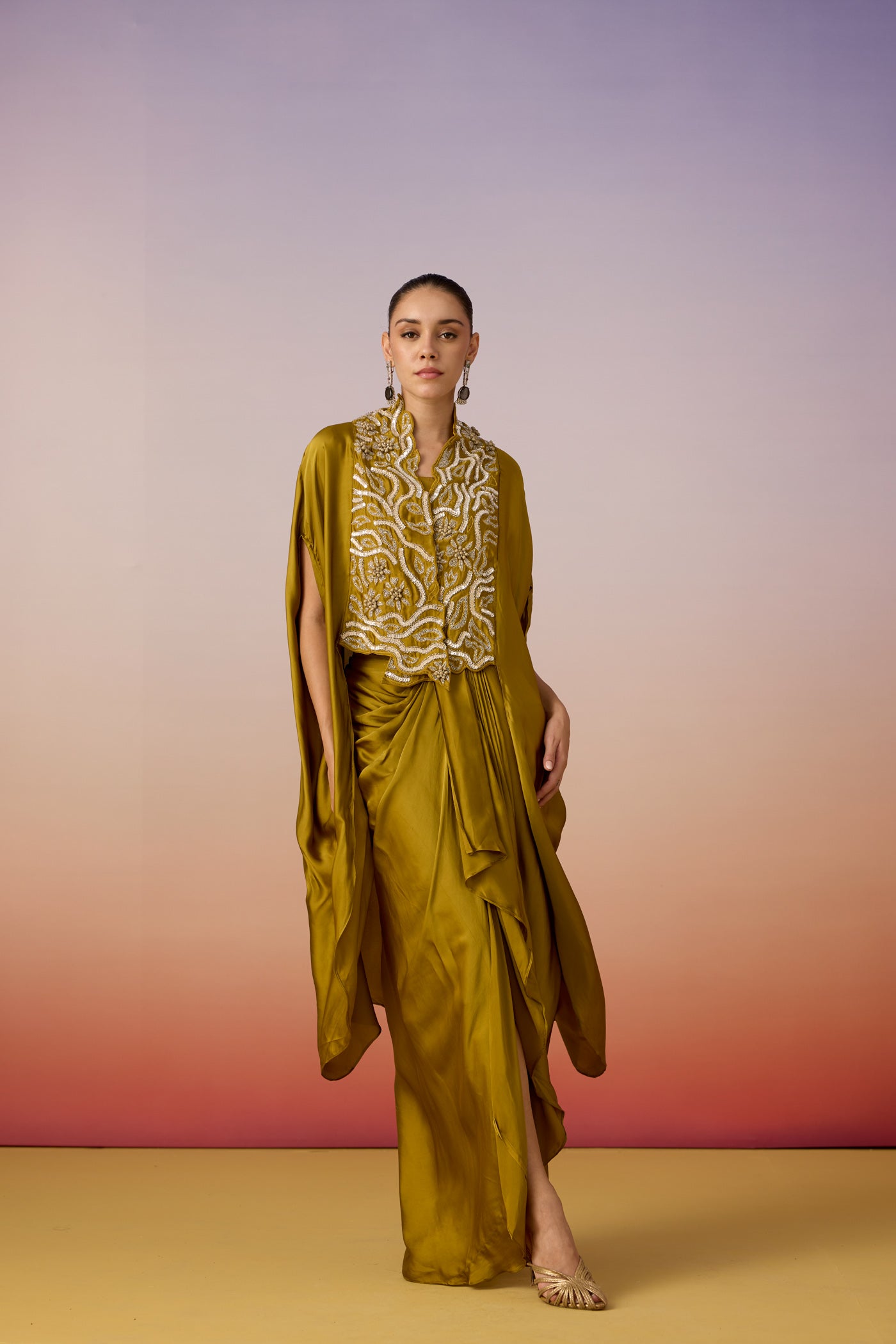 Olive Green Embellished Crepe Silk Kaftan Set