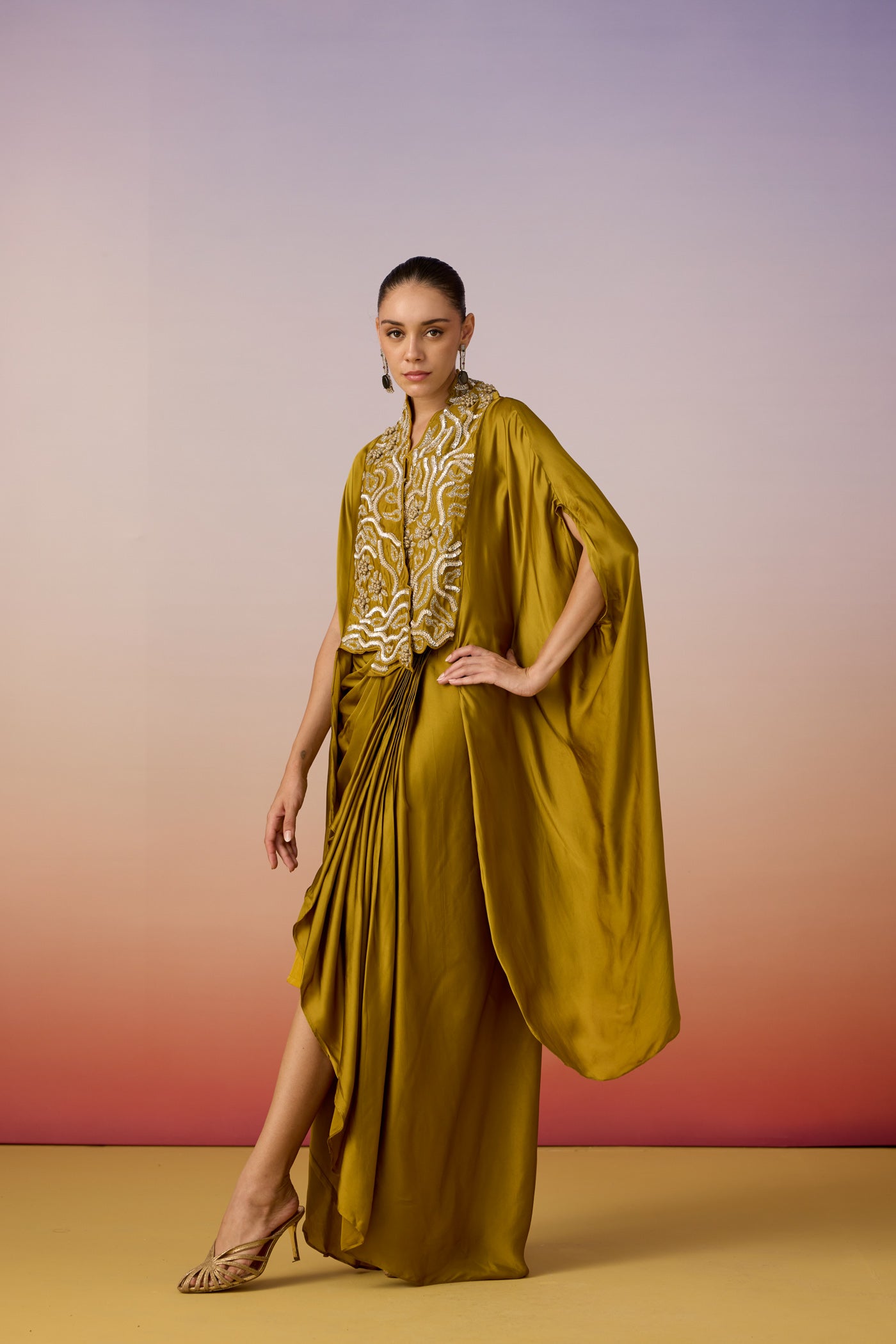 Olive Green Embellished Crepe Silk Kaftan Set