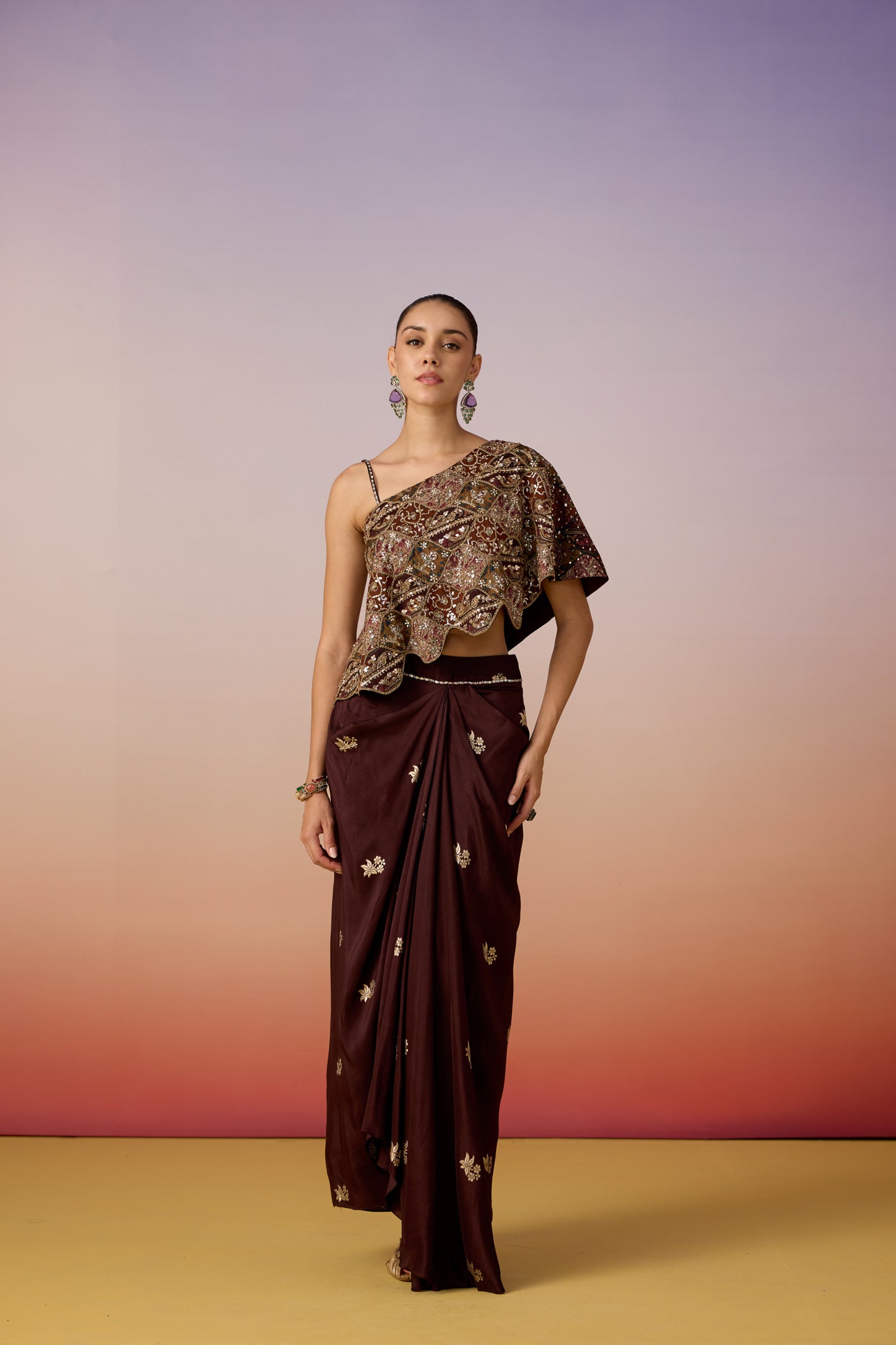 Rich Mocha Embellished Crepe Silk Skirt Set