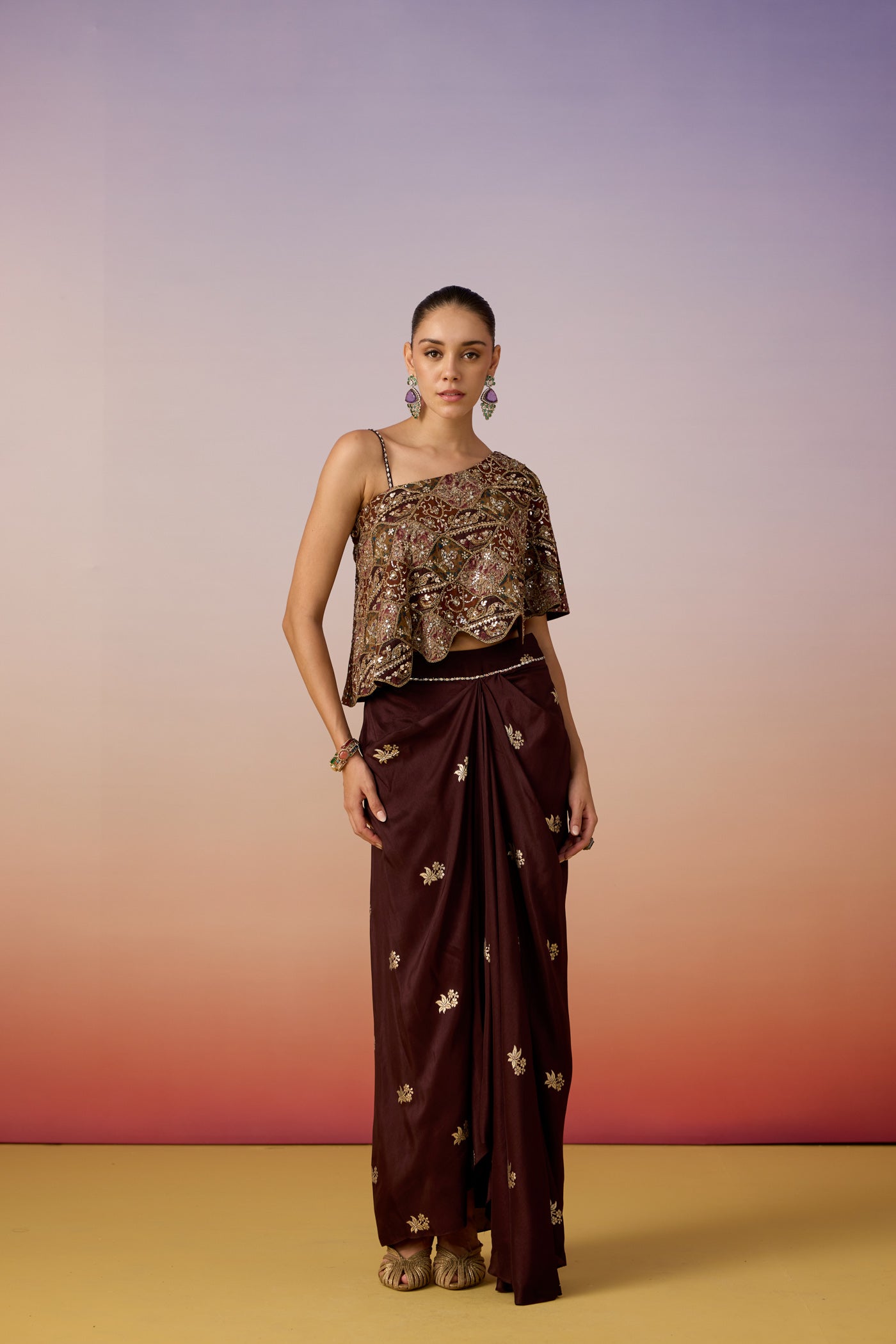 Rich Mocha Embellished Crepe Silk Skirt Set