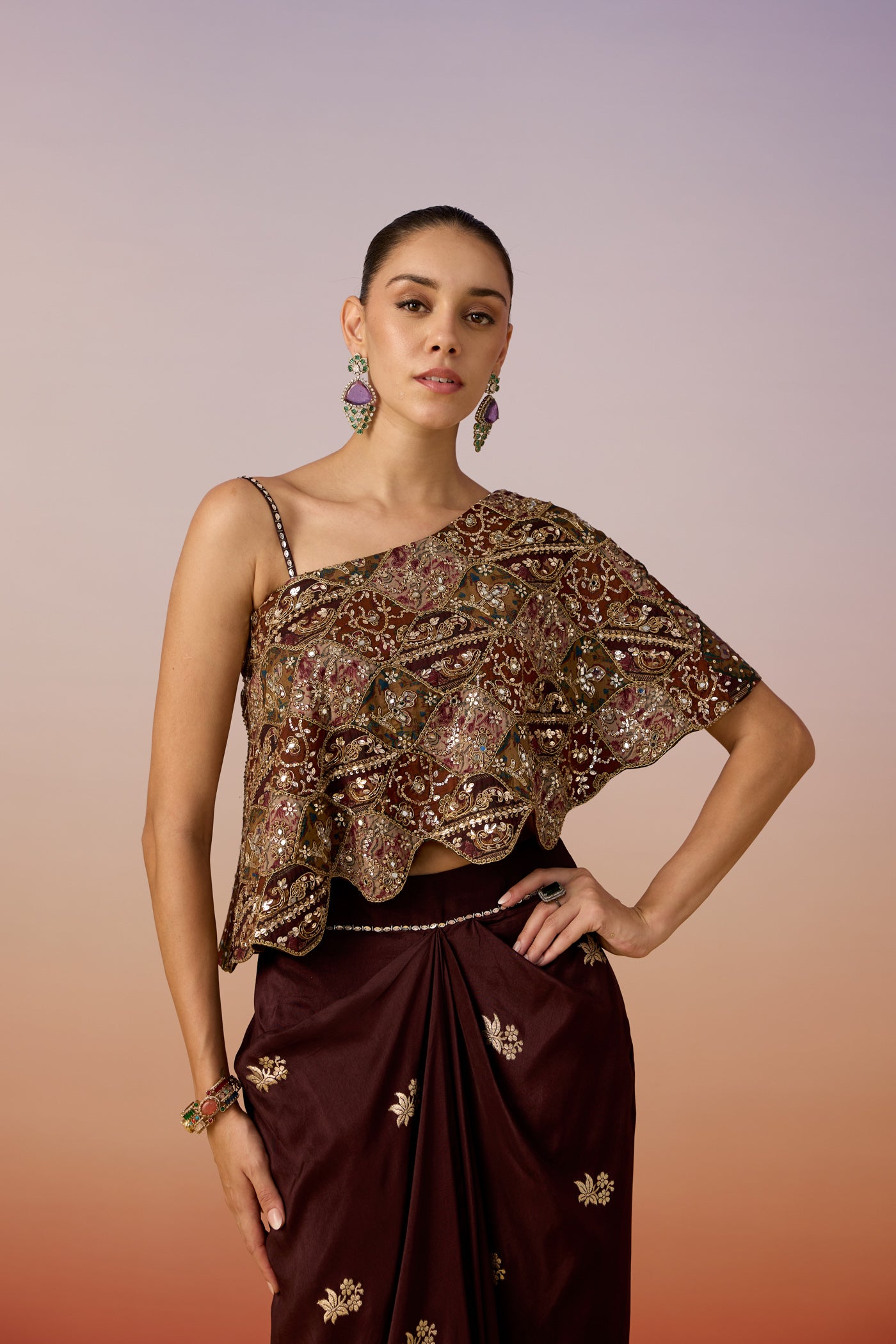 Rich Mocha Embellished Crepe Silk Skirt Set