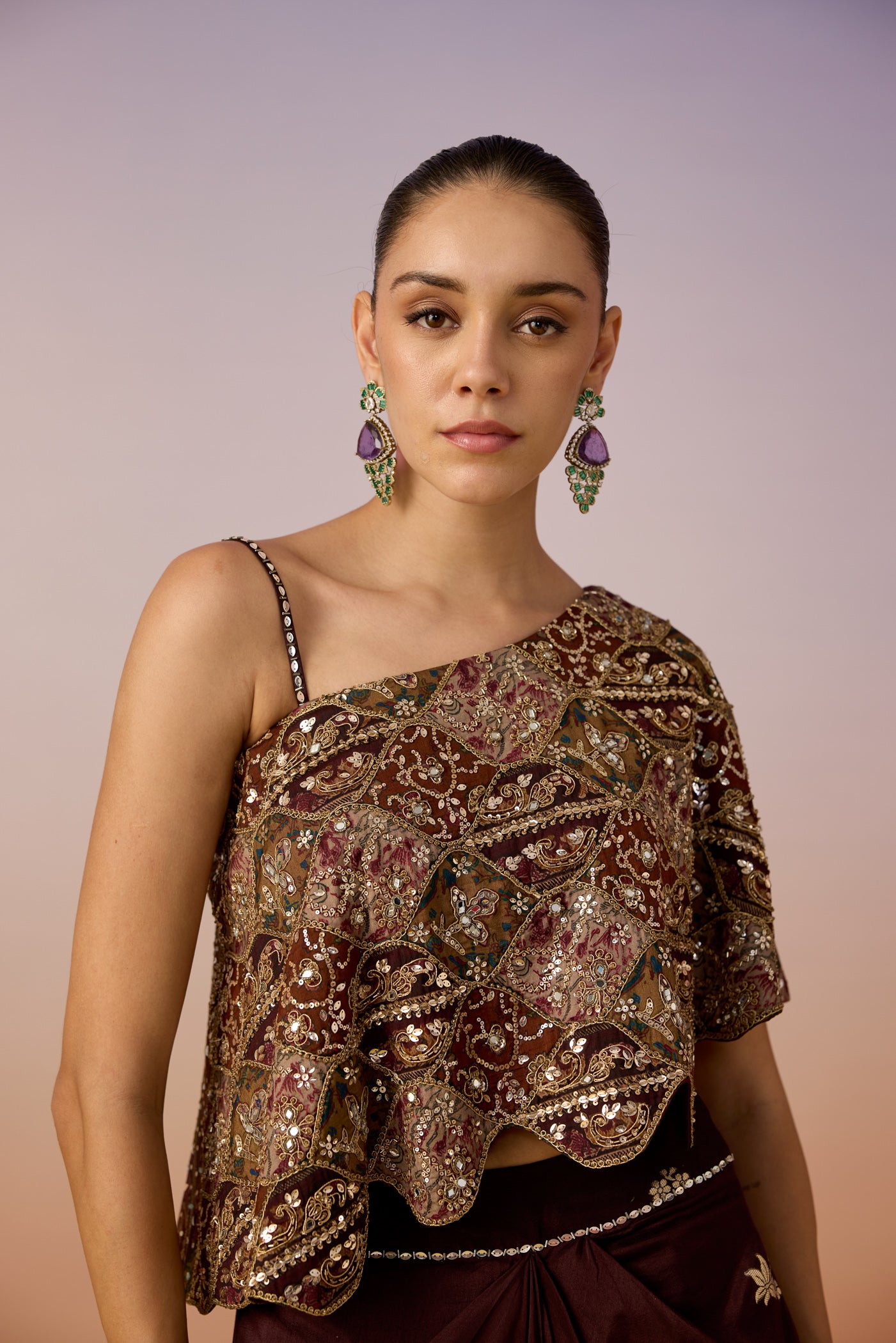 Rich Mocha Embellished Crepe Silk Skirt Set