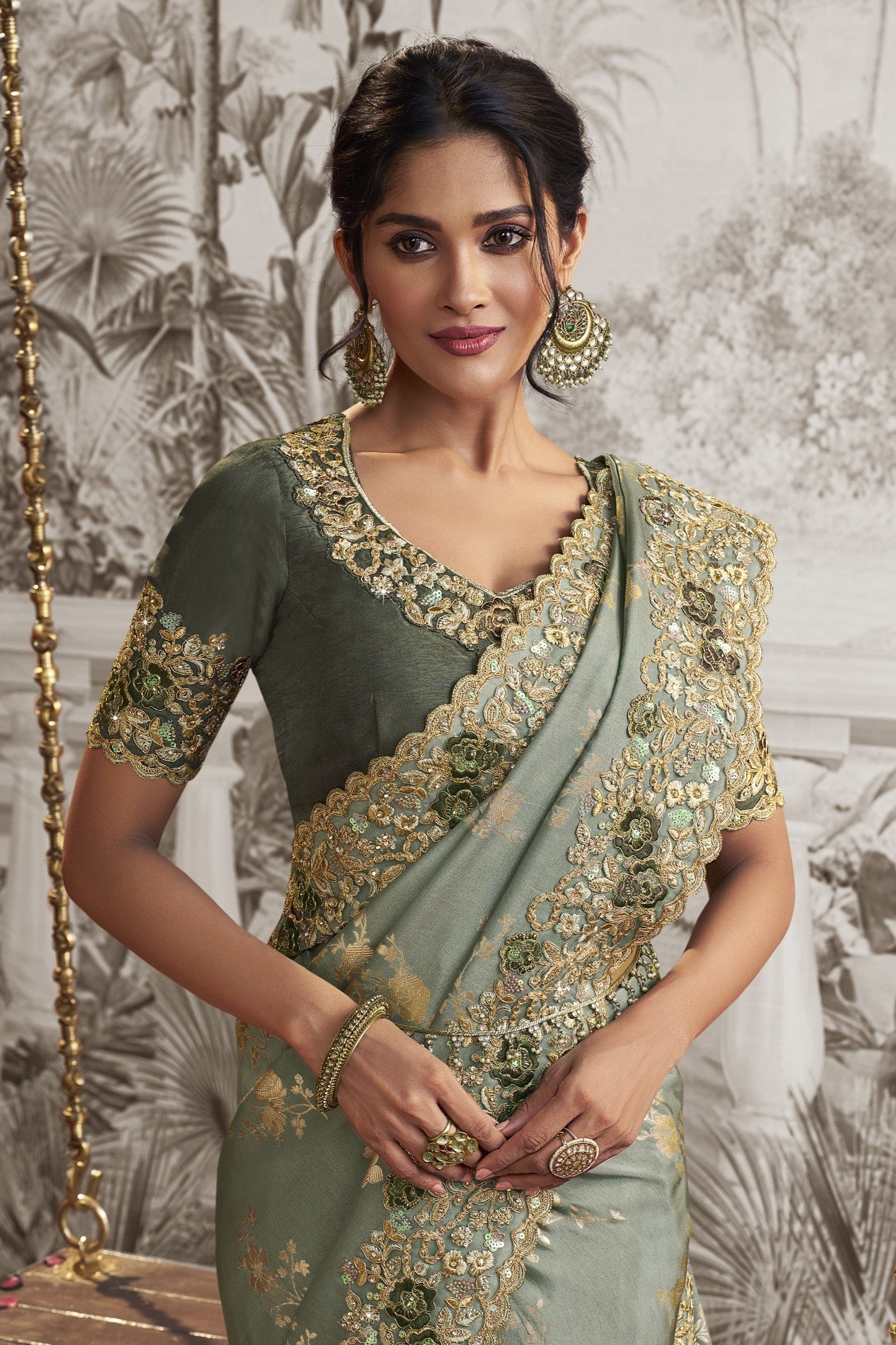 Sage Green Embroidered Saree