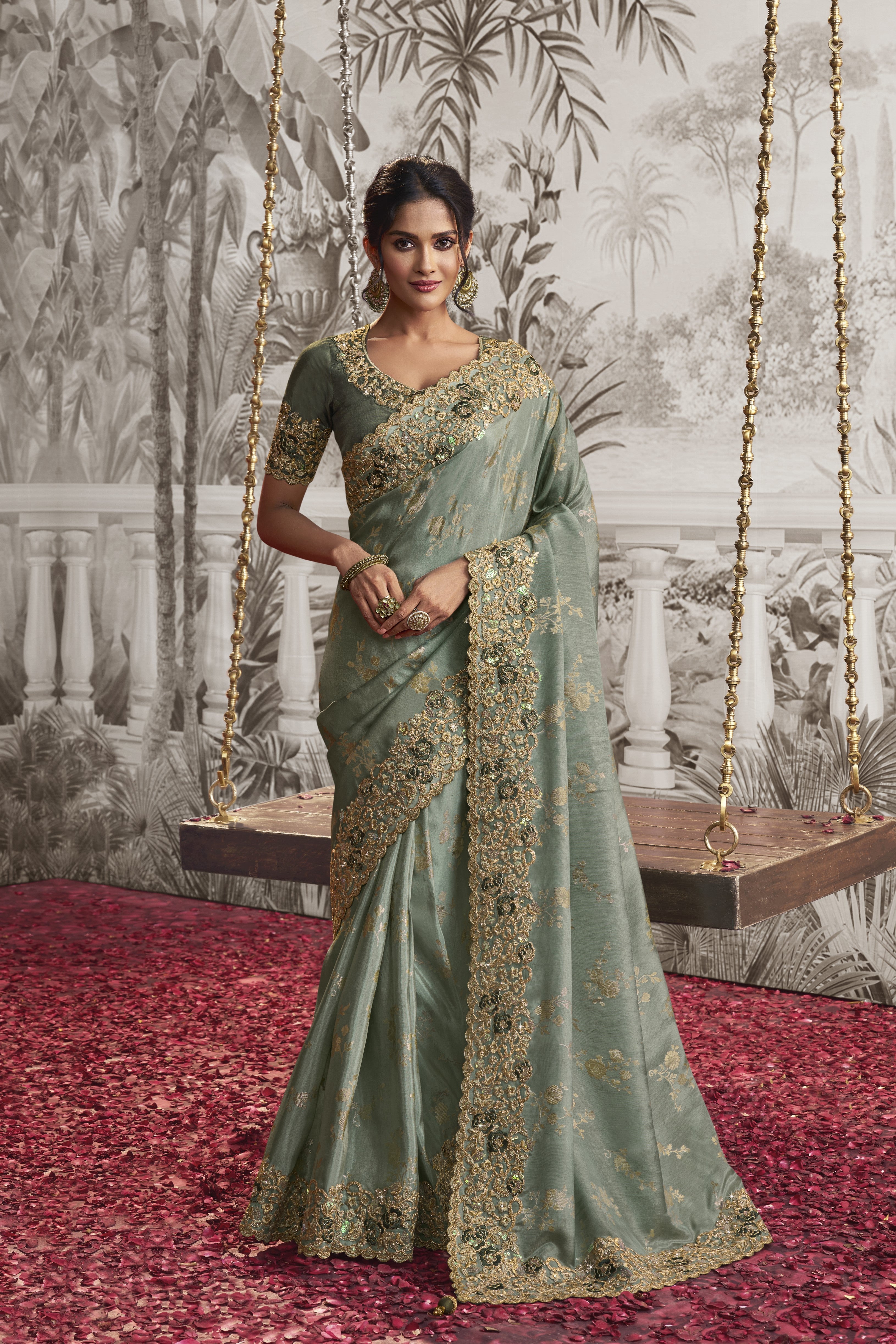 Sage Green Embroidered Saree