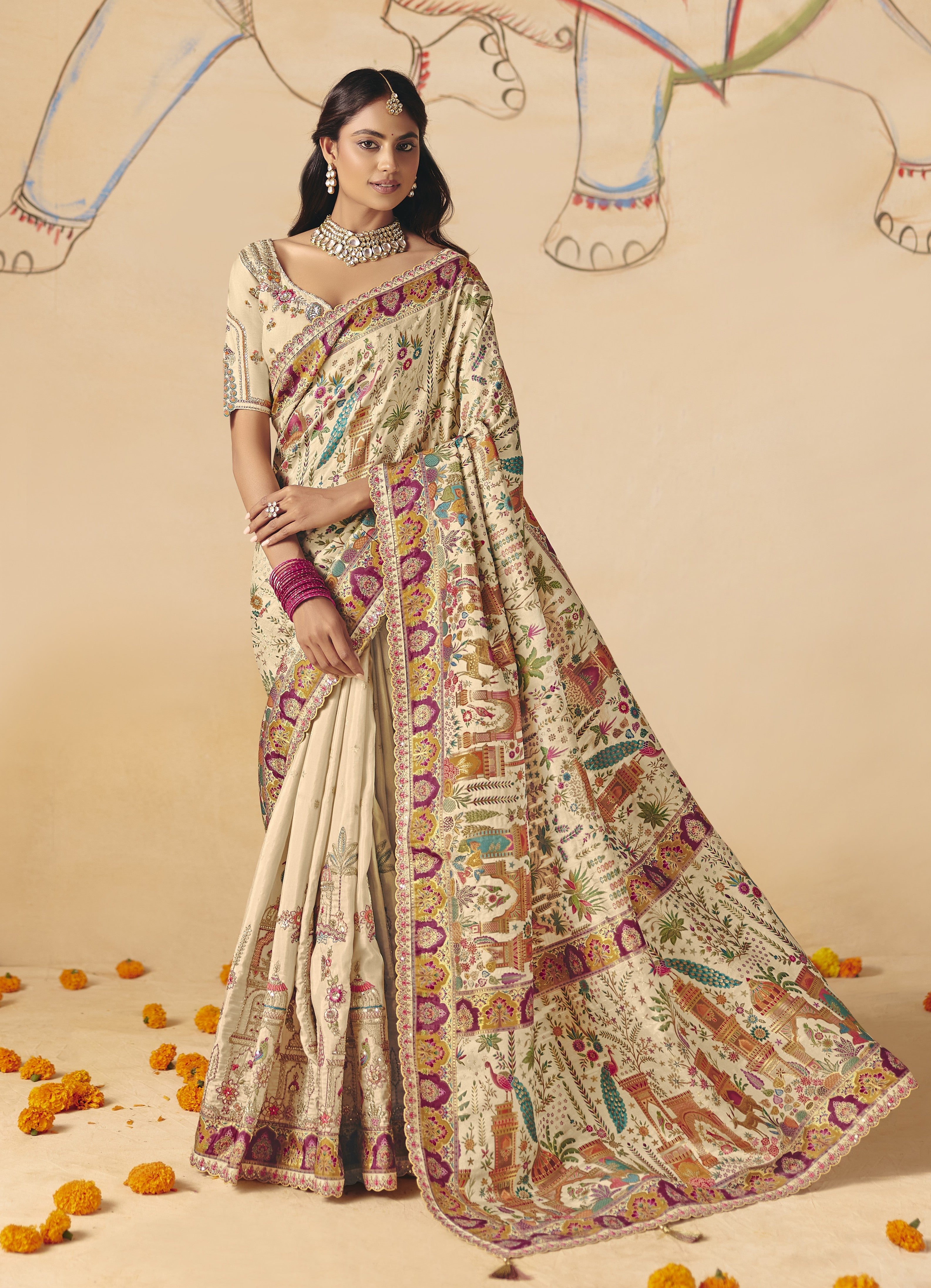 Bare Ivory Embellished Dola Silk Saree
