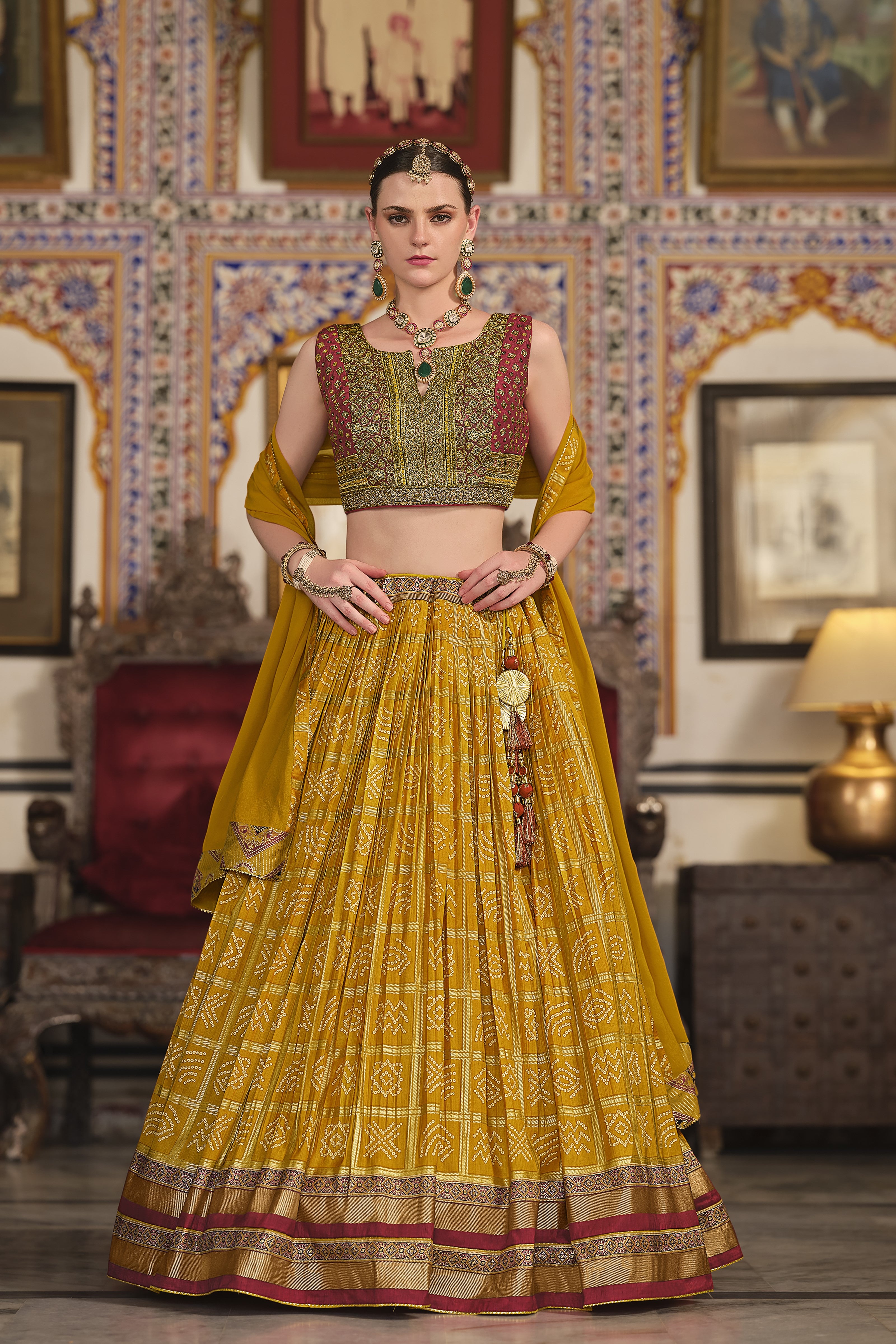 Mustard Bandhani Printed Premium Silk Lehenga Set