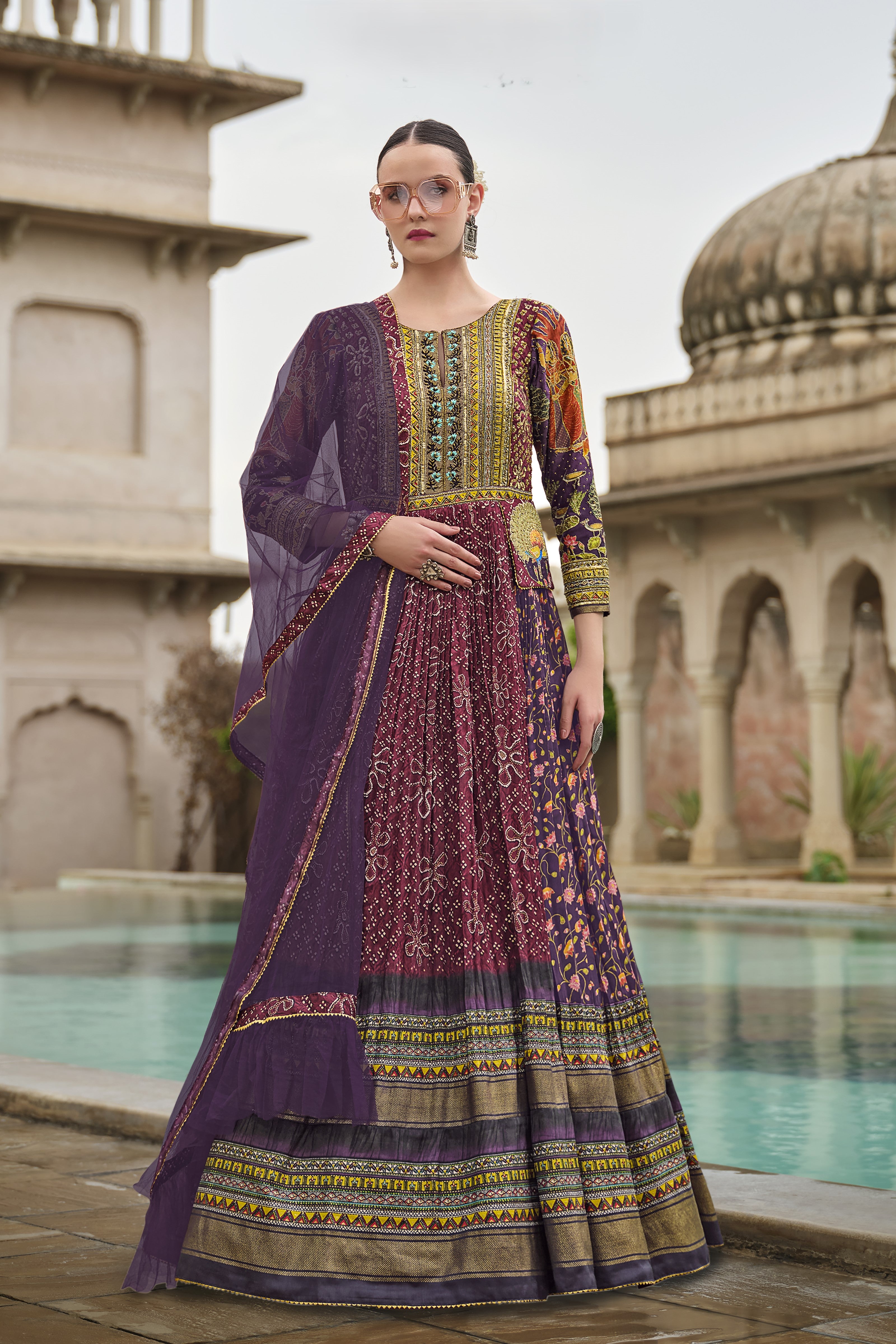 Purple Floral Printed Premium Silk Anarkali Set