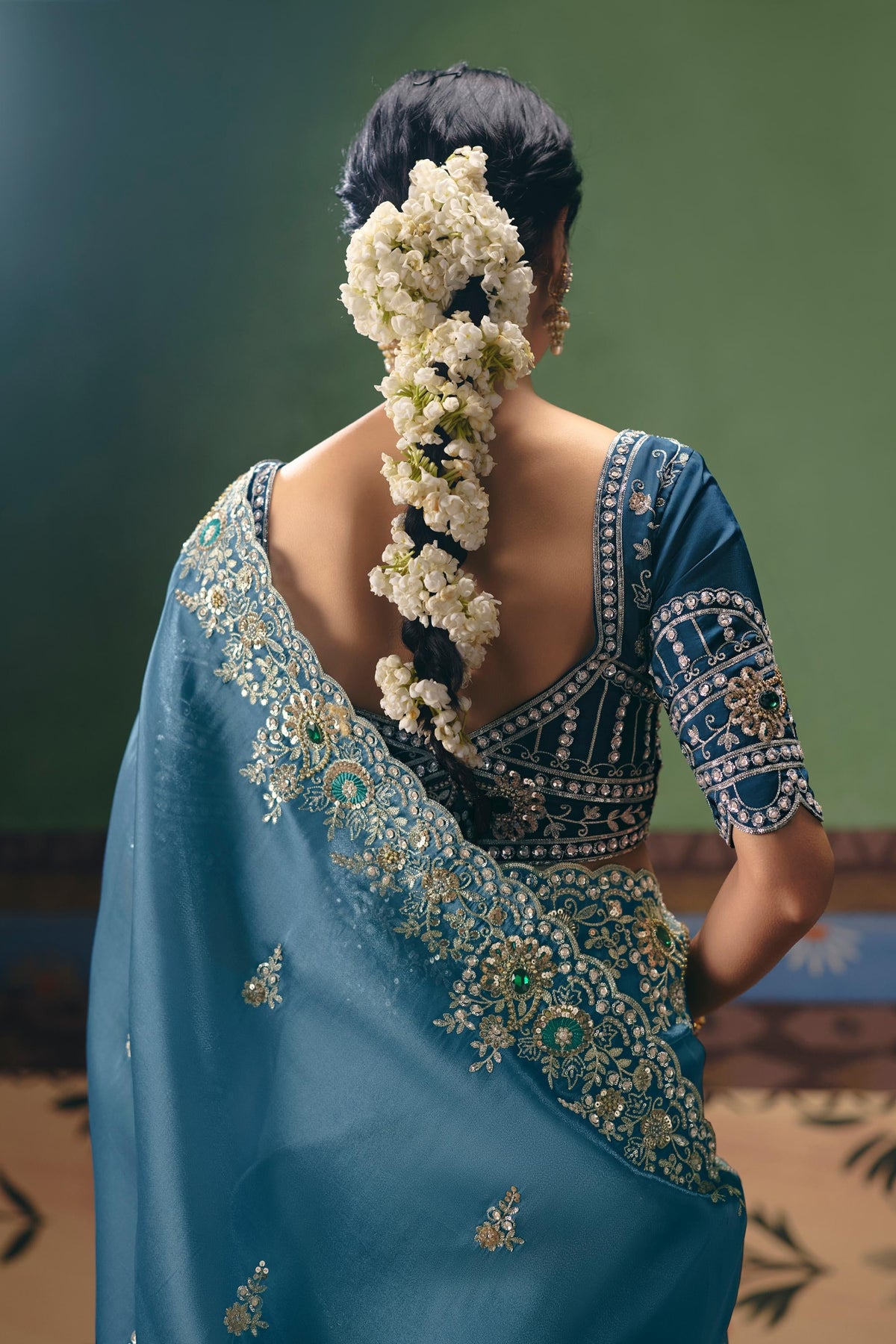 Steel Blue Embellished Tissue Organza Silk Saree
