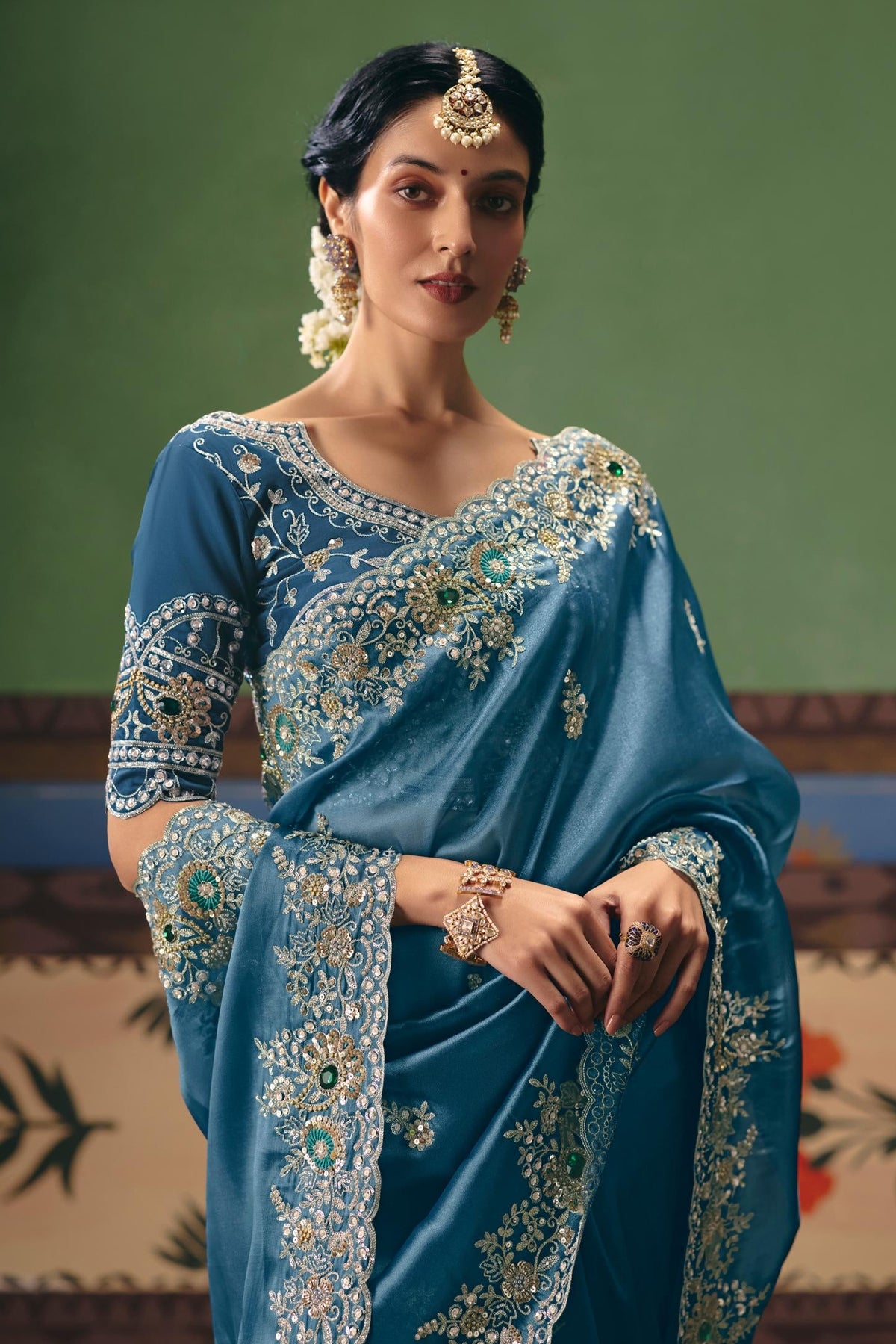 Steel Blue Embellished Tissue Organza Silk Saree