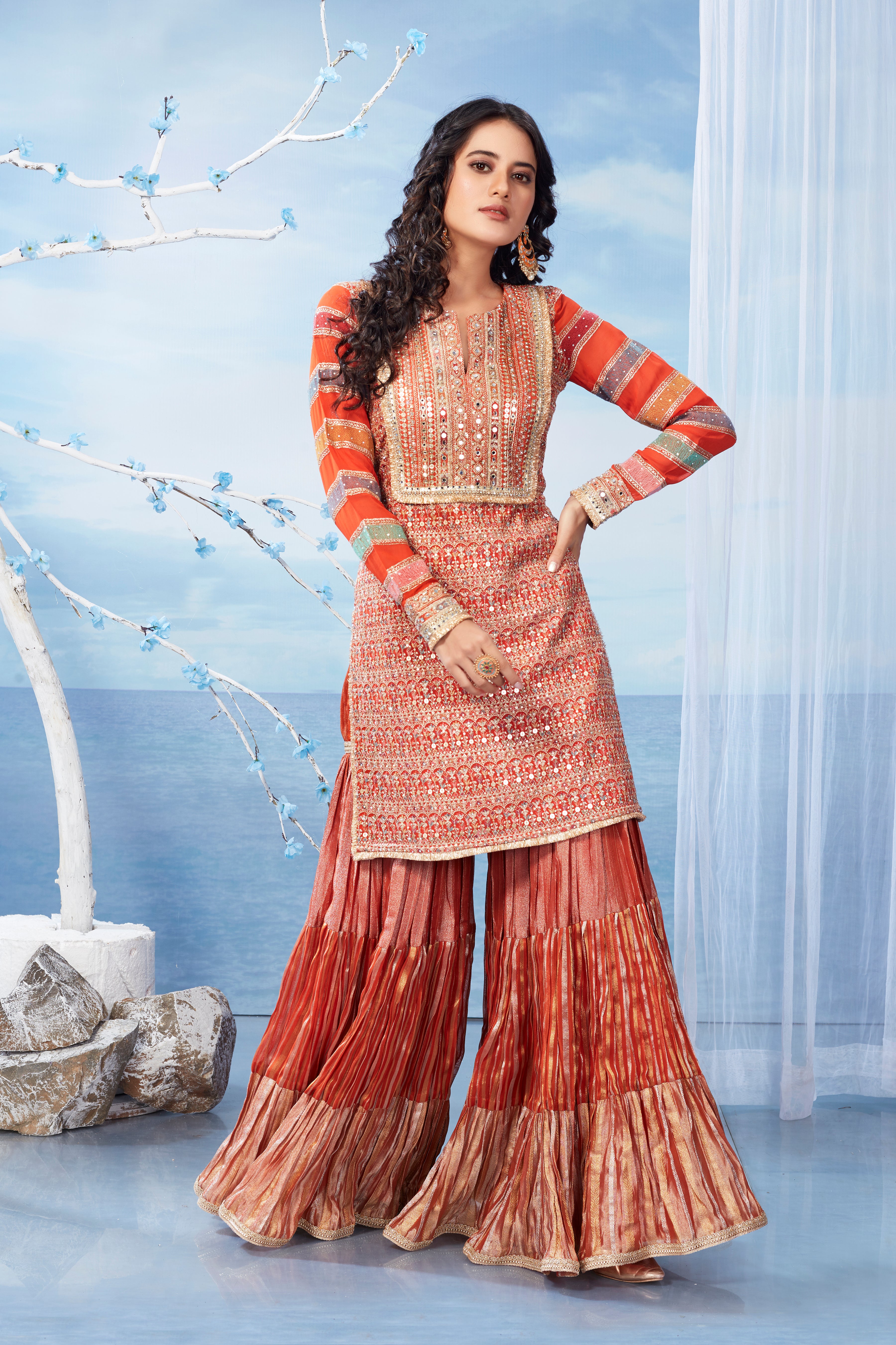 Shimmer Red Embellished Premium Silk Kurta Sharara Set