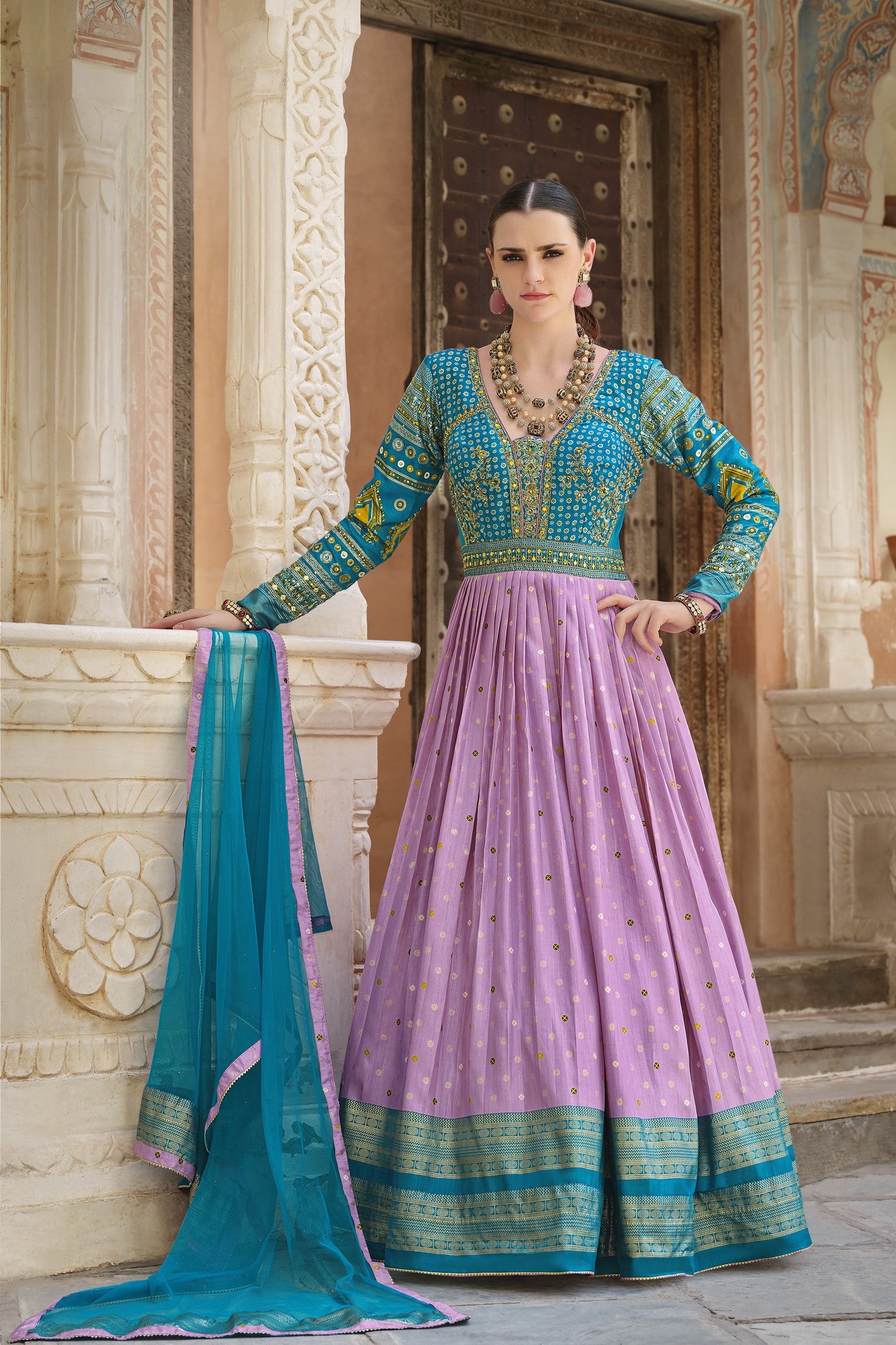 Teal Embellished Premium Silk Anarkali Set