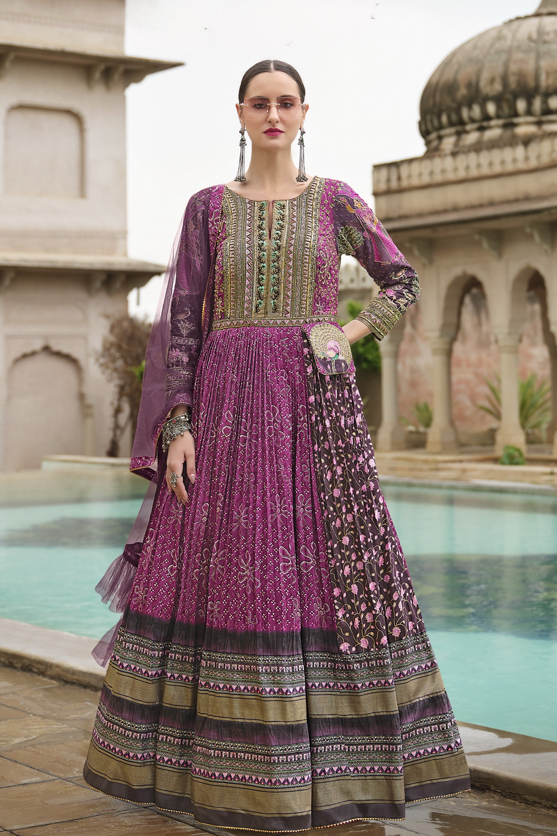 Lavender Floral Printed Premium Silk Anarkali Set