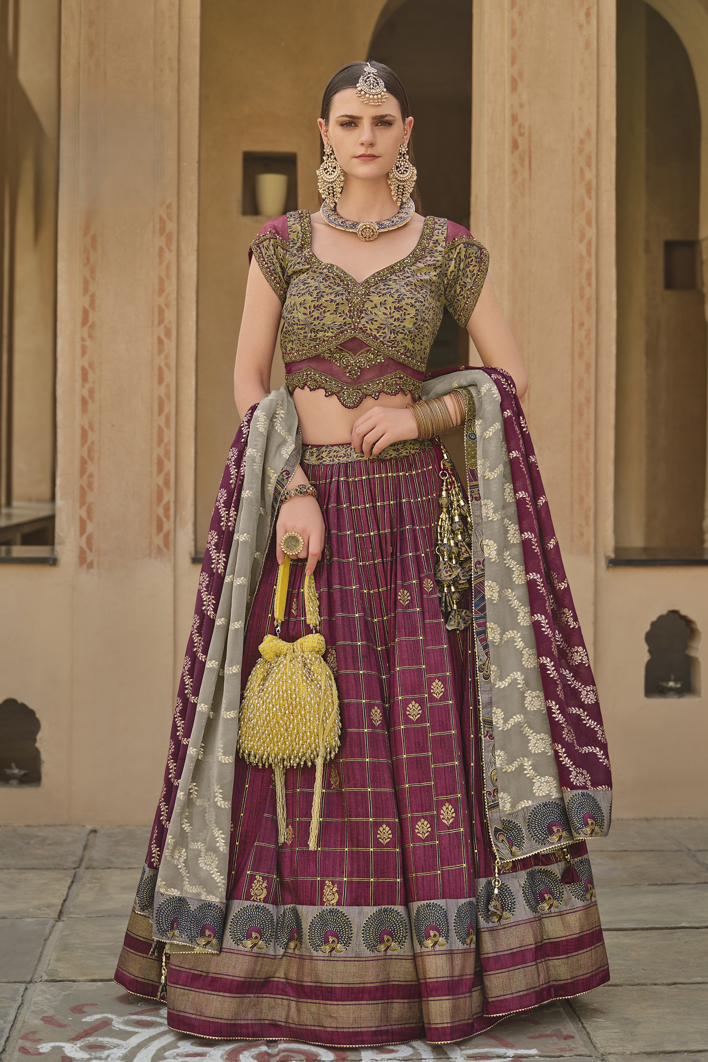 Wine Ethnic Printed Premium Silk Lehenga Set