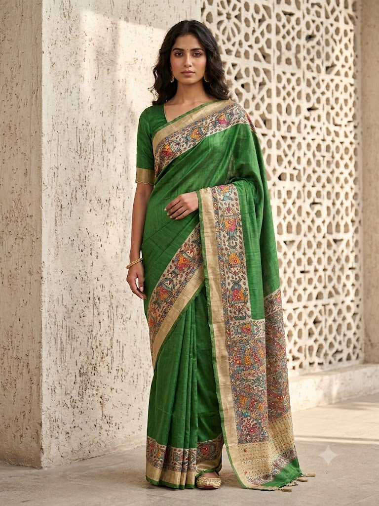 Green Embroidered Pure Tussar Silk Saree