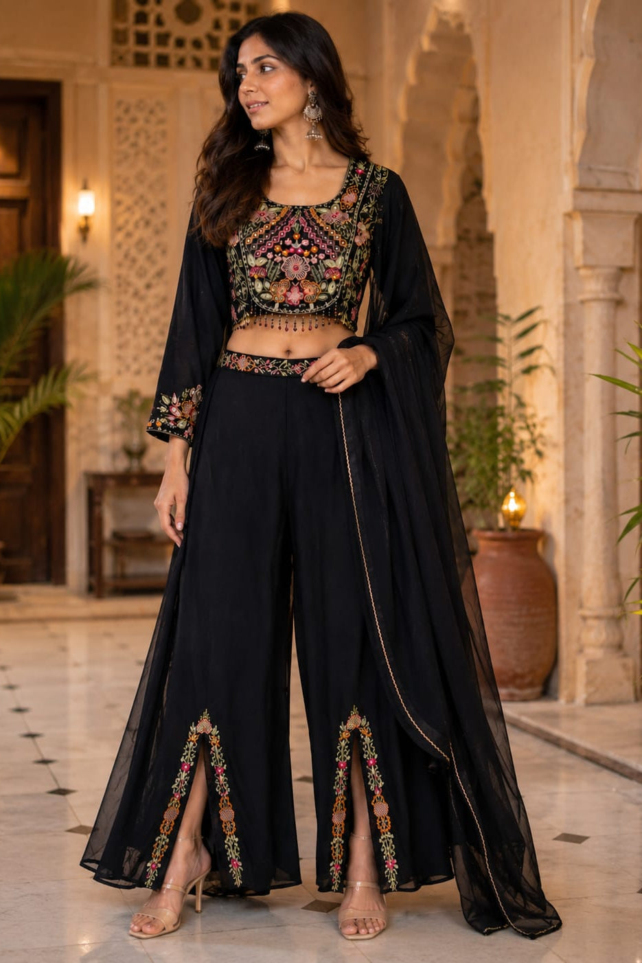 Dark Caviar Embellished Crepe Silk Palazzo Set
