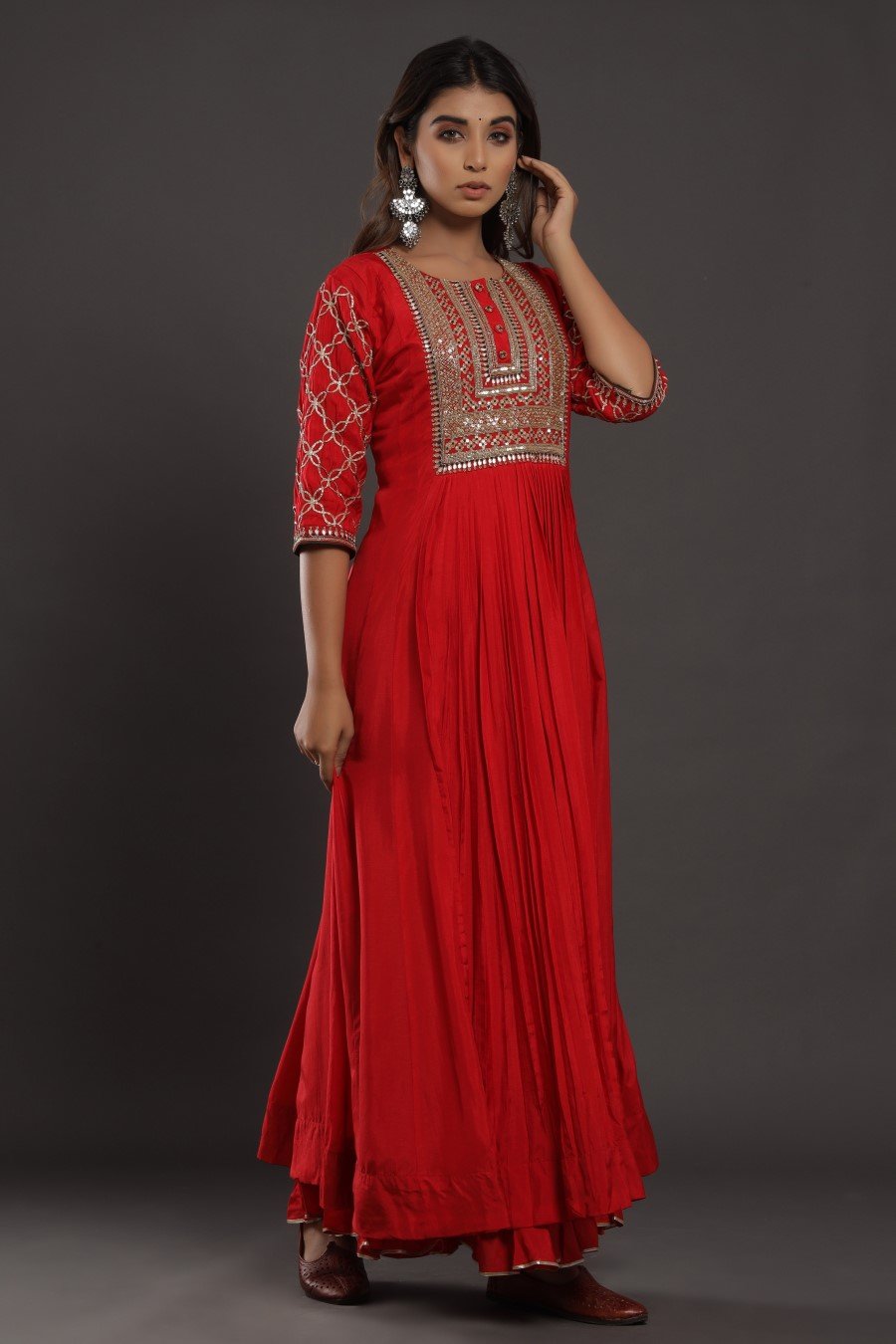 Red Colour Chanderi Silk Kalidar Kurta With Embroidery