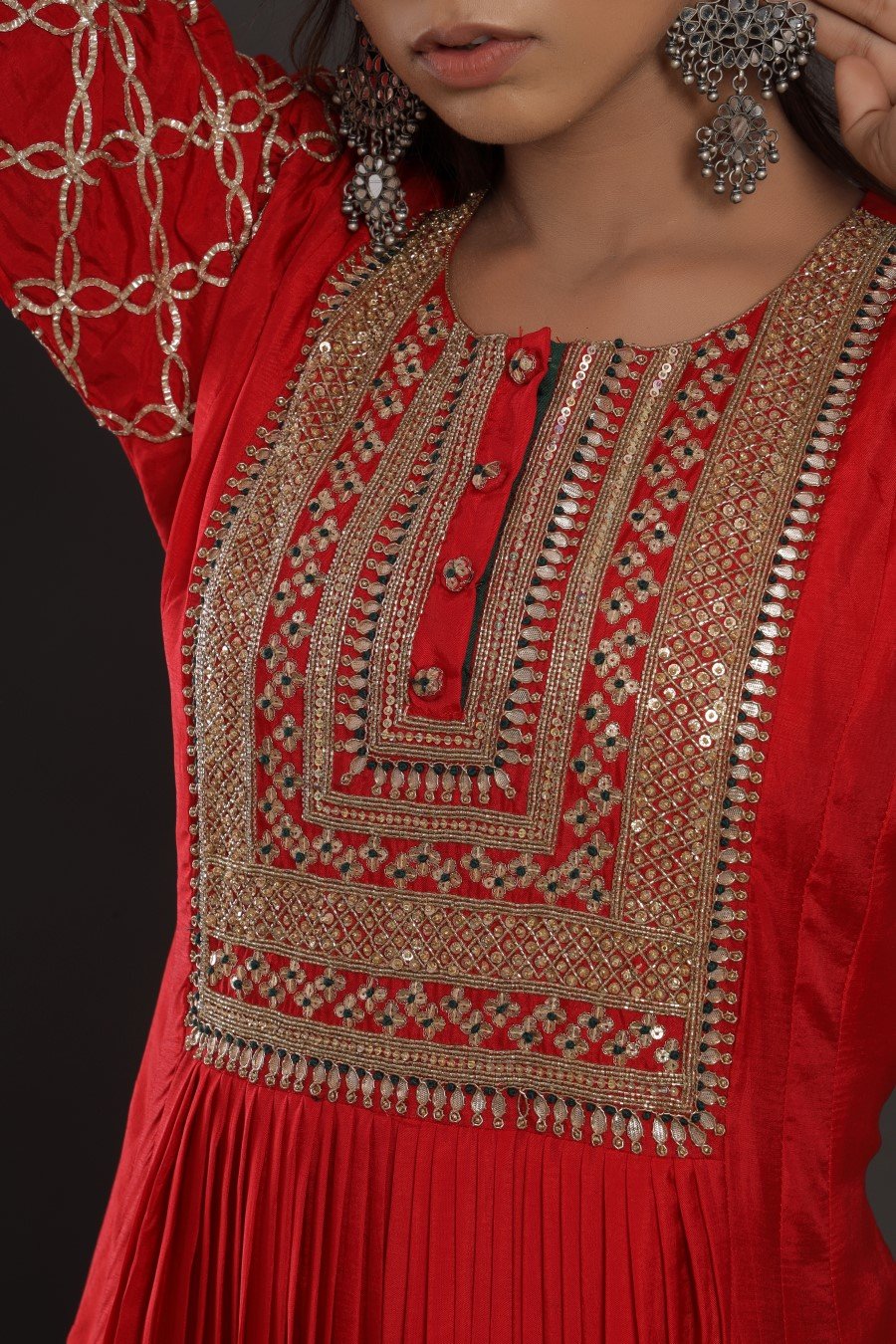 Red Colour Chanderi Silk Kalidar Kurta With Embroidery