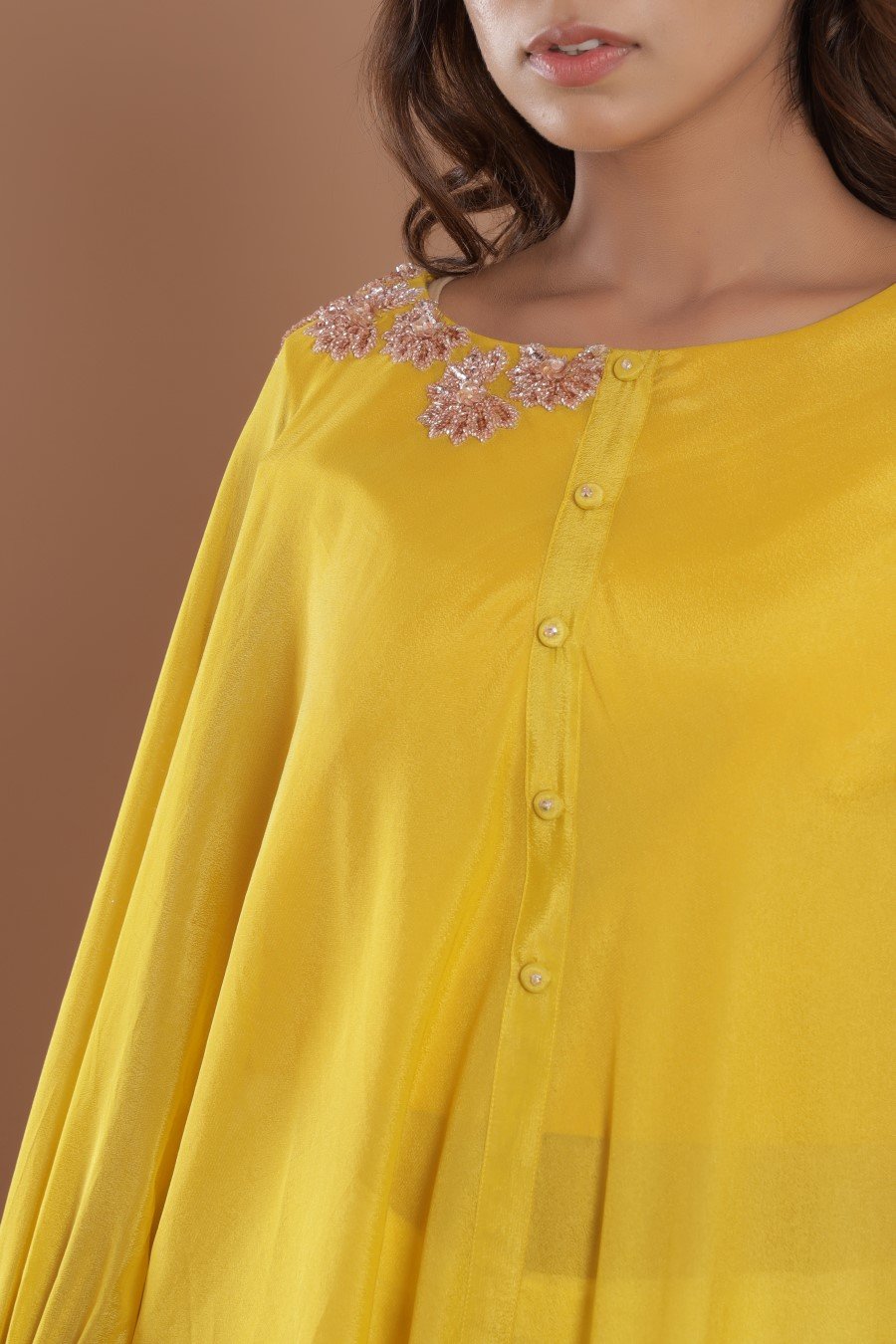 Georgette Crepe Golden Yellow Embroidery Kurta With Flair Pant