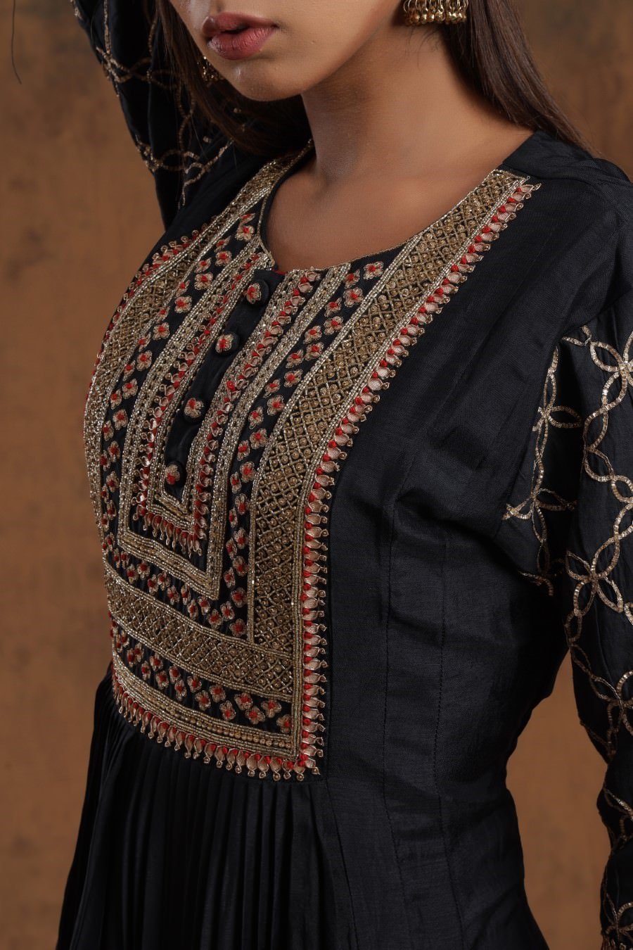Navy Blue Chanderi Silk Kalidar Kurti With Embroidery
