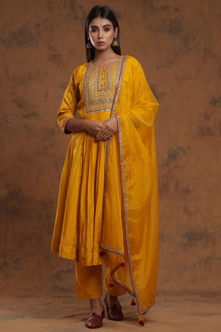 Mustard Yellow Chanderi Silk Kurta Pant Set With Embroidery