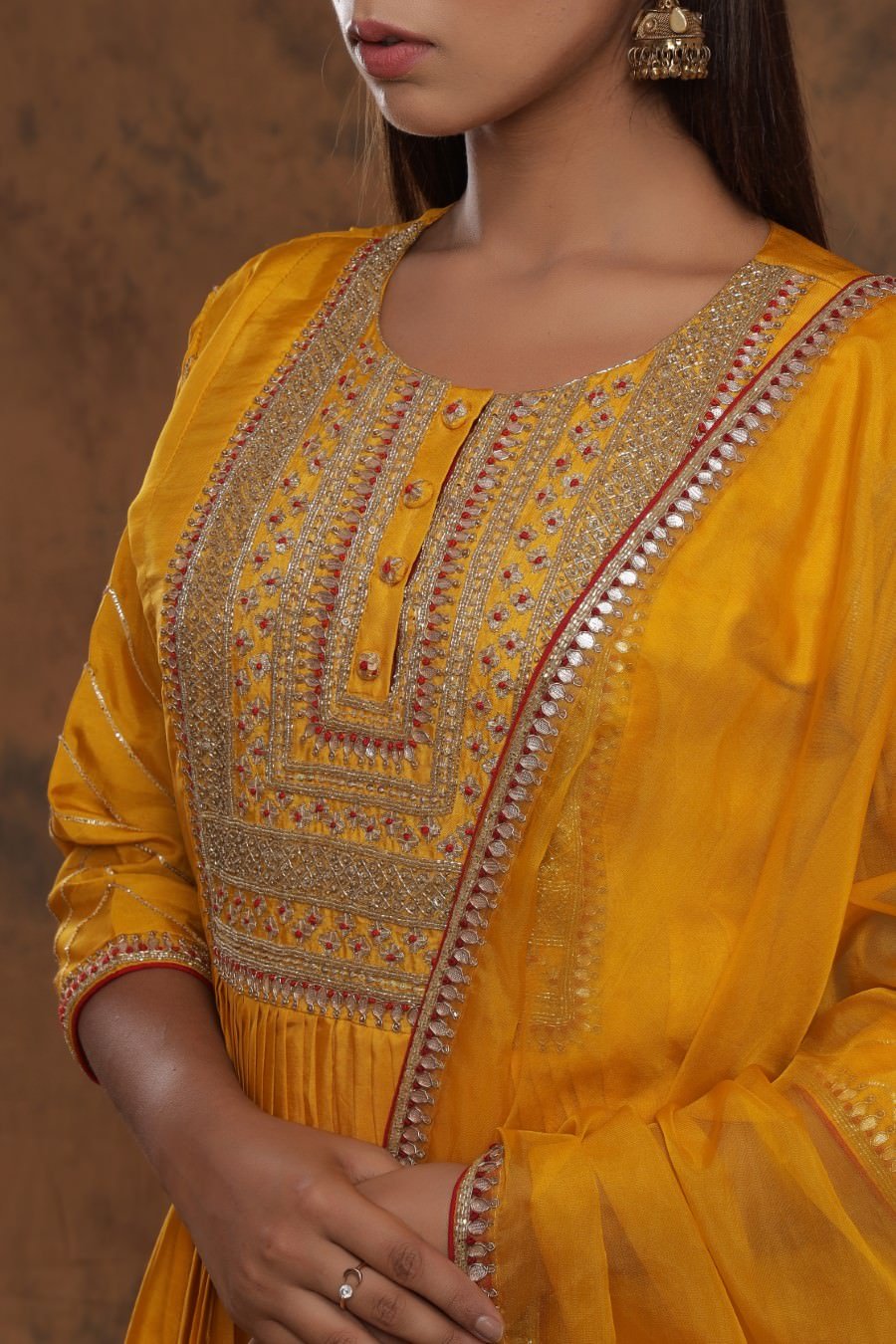 Mustard Yellow Chanderi Silk Kurta Pant Set With Embroidery