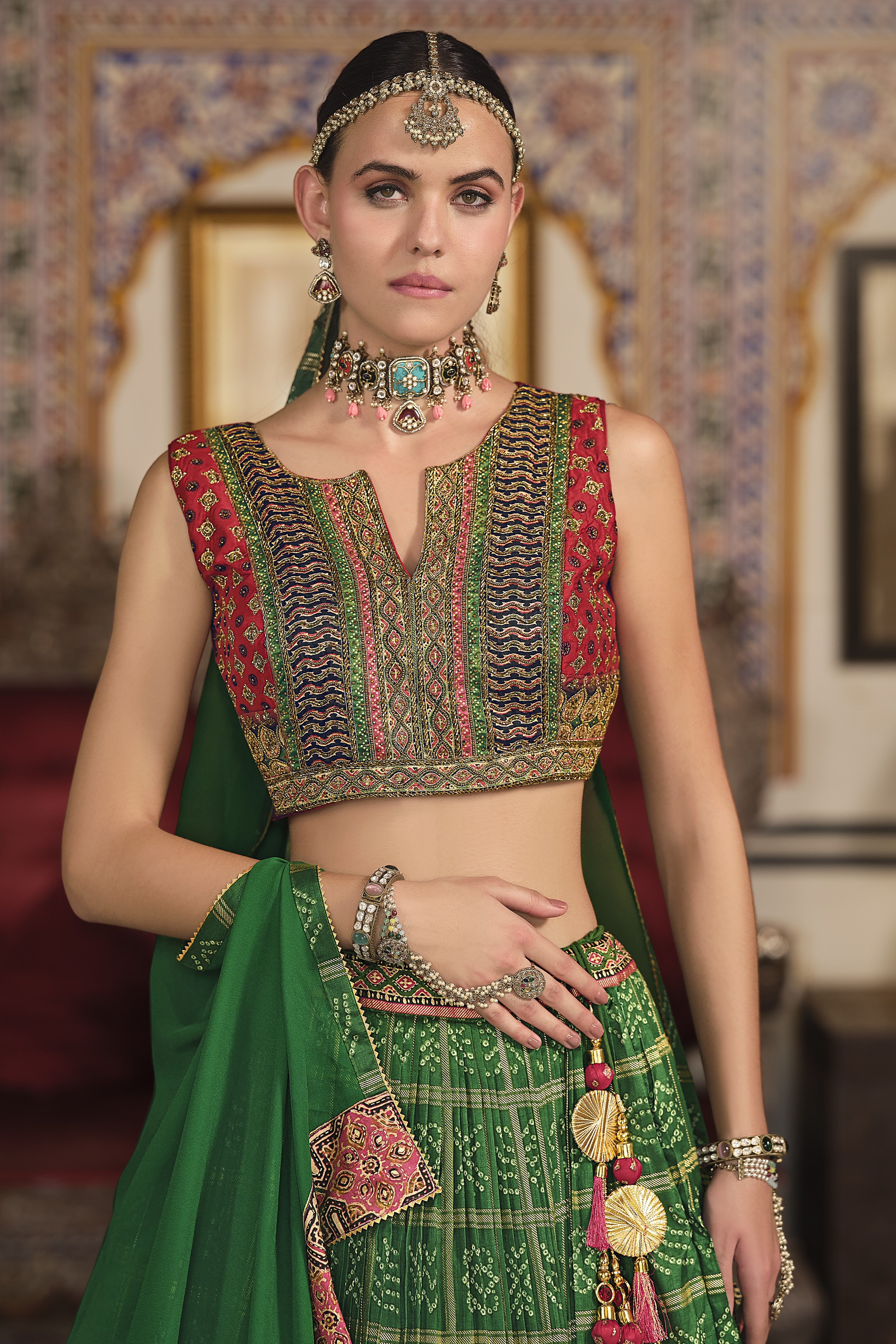 Green Bandhani Printed Premium Silk Lehenga Set